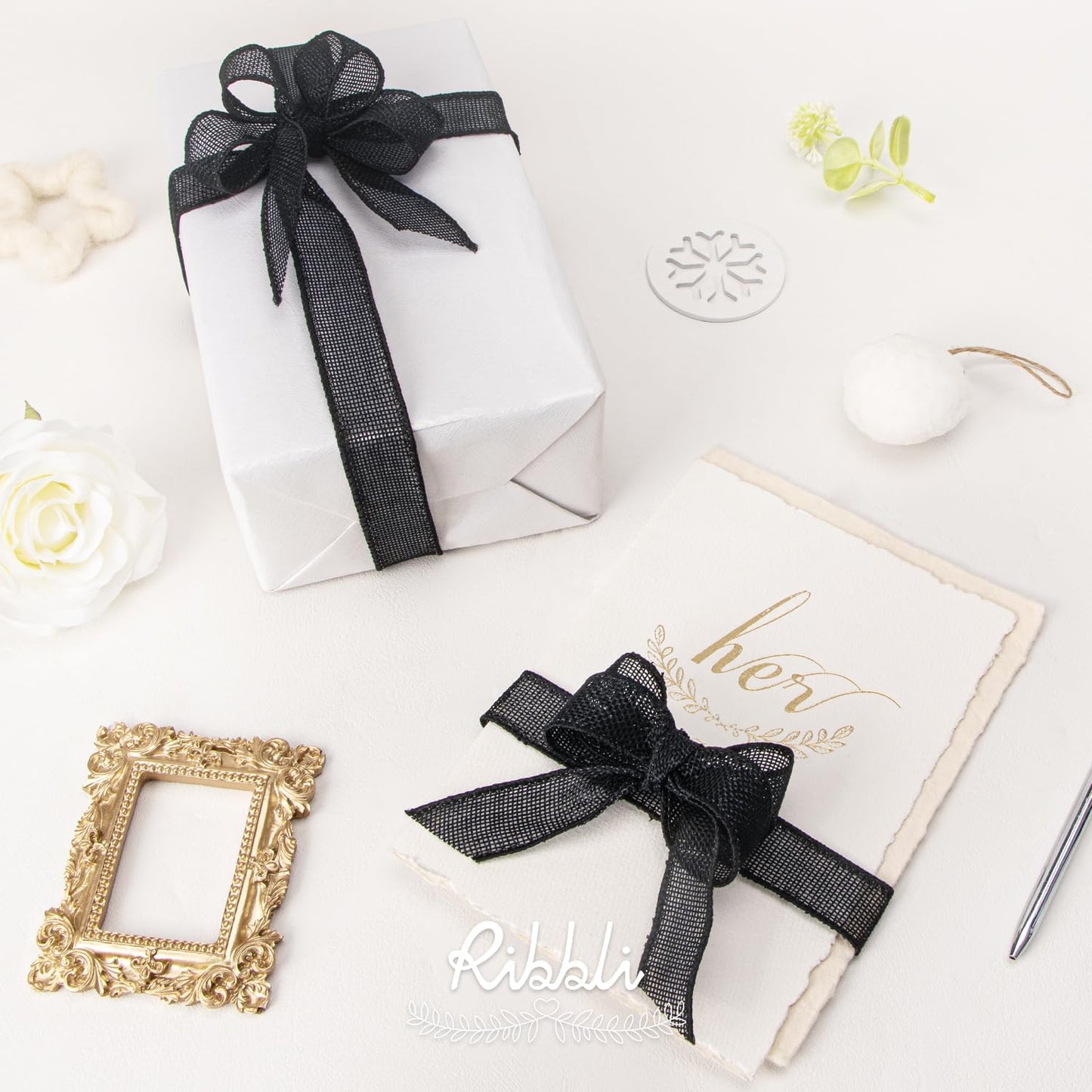 Ribbli Black Burlap Wired Ribbon, 1” Inch x Continuous 20 Yard, Black Wired Ribbon for Wreaths,Big Bows,Tree Decoration,Outdoor Decoration