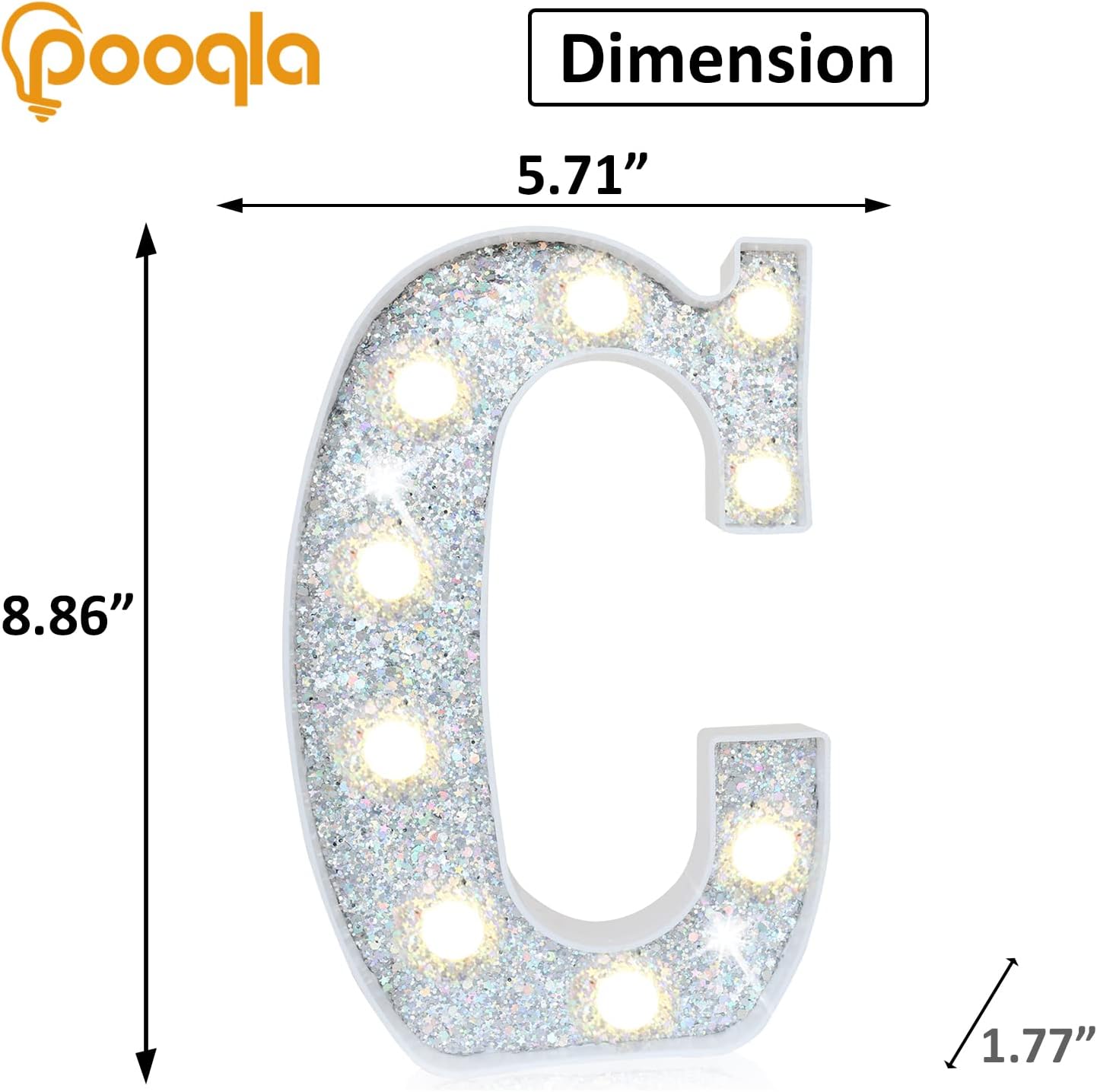 Pooqla Light Up Letters, LED Marquee Letters for Silver Birthday Decorations, Battery Powered Night Light Teenager Girl Room Decor, Gift for Girls Boys Wedding Bedroom Christmas Party Decor, Letter C