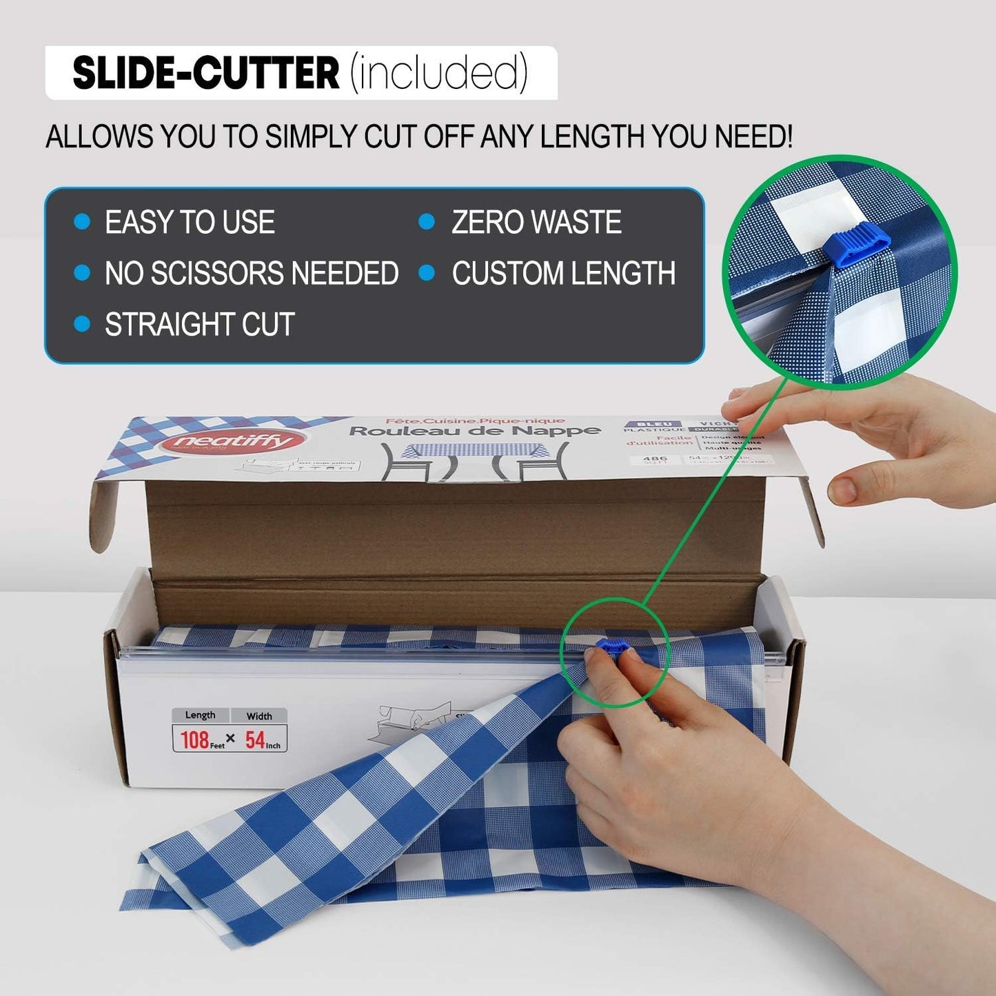 Neatiffy Disposable Plastic Table Cloth Roll | 54 in x 108 Ft Waterproof Tablecloth | Table Cover for Rectangle, Square, Round Oval Tables | Picnic, Party, Banquet, Birthdays, Weddings - Blue Gingham