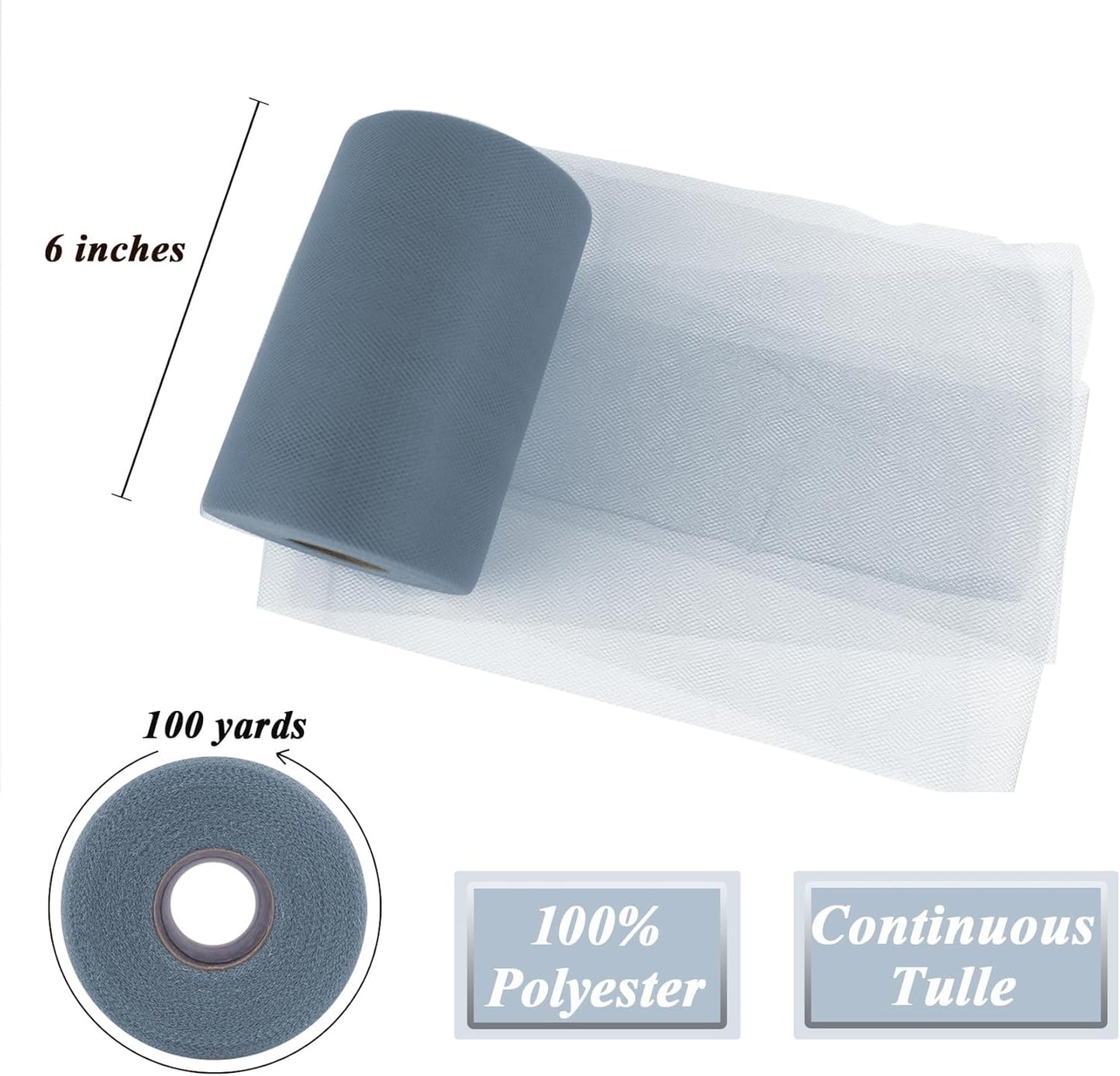 Foggy Blue Tulle Fabric Roll 6" by 100 Yards (300 ft) Soft Tulle Spool for DIY Crafting Favor Supplies, Tutus, Wedding, Party Decorations, Gift Wrapping