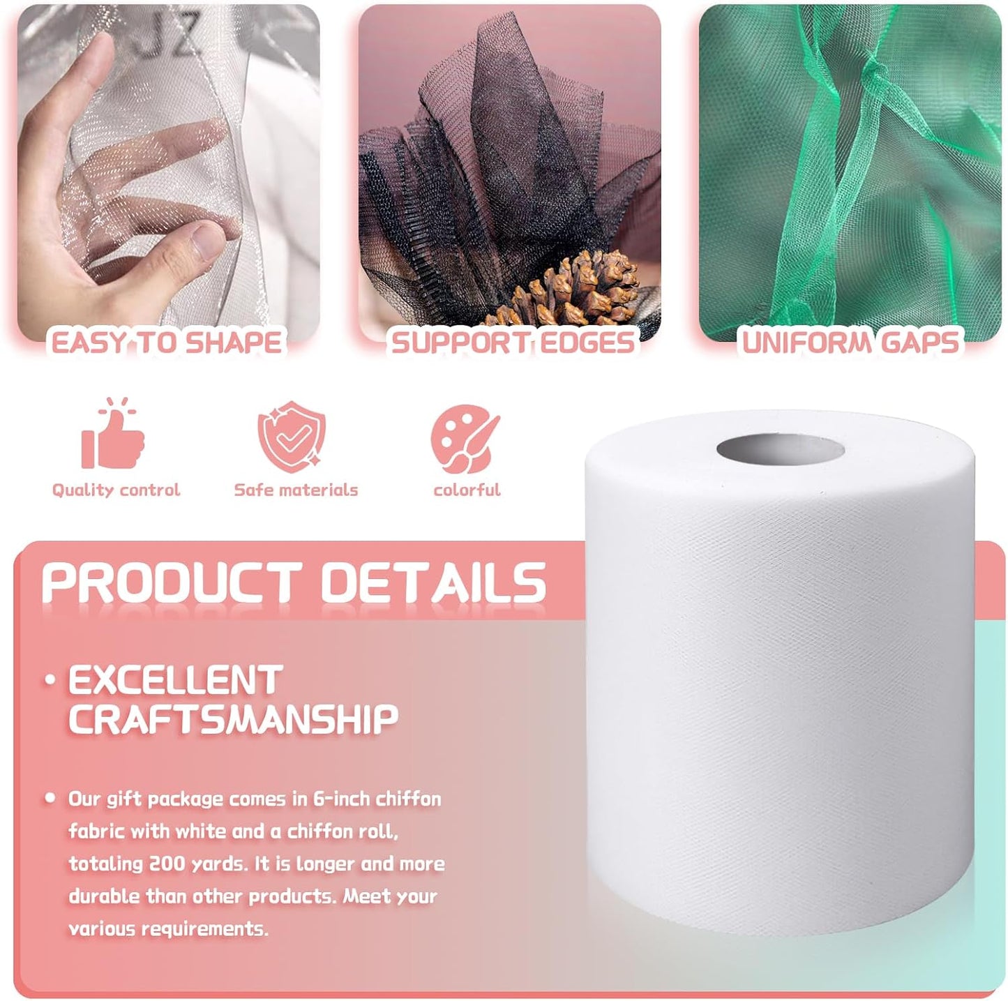 6" x 200 Yards White Tulle Fabric Rolls, White Spool Tulle Ribbon for DIY Tutu Skirt Tulle White Wedding Decoration Baby Shower Birthday Party Backdrop Gift Wrapping Bow Craft Supplies
