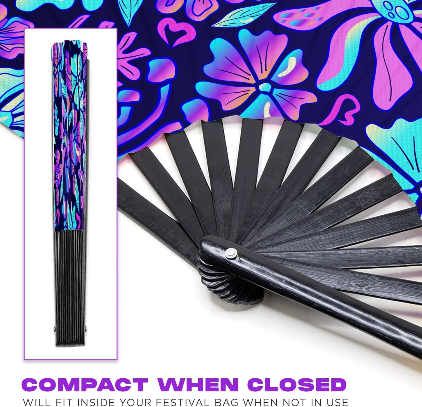 GloFX UV Glow Flower Fantasy Rave Fan - Vibrant Pink, Blue, and Purple Design - Large Folding Hand Held Fan for Festival Fashion & Festival Outfits for Women