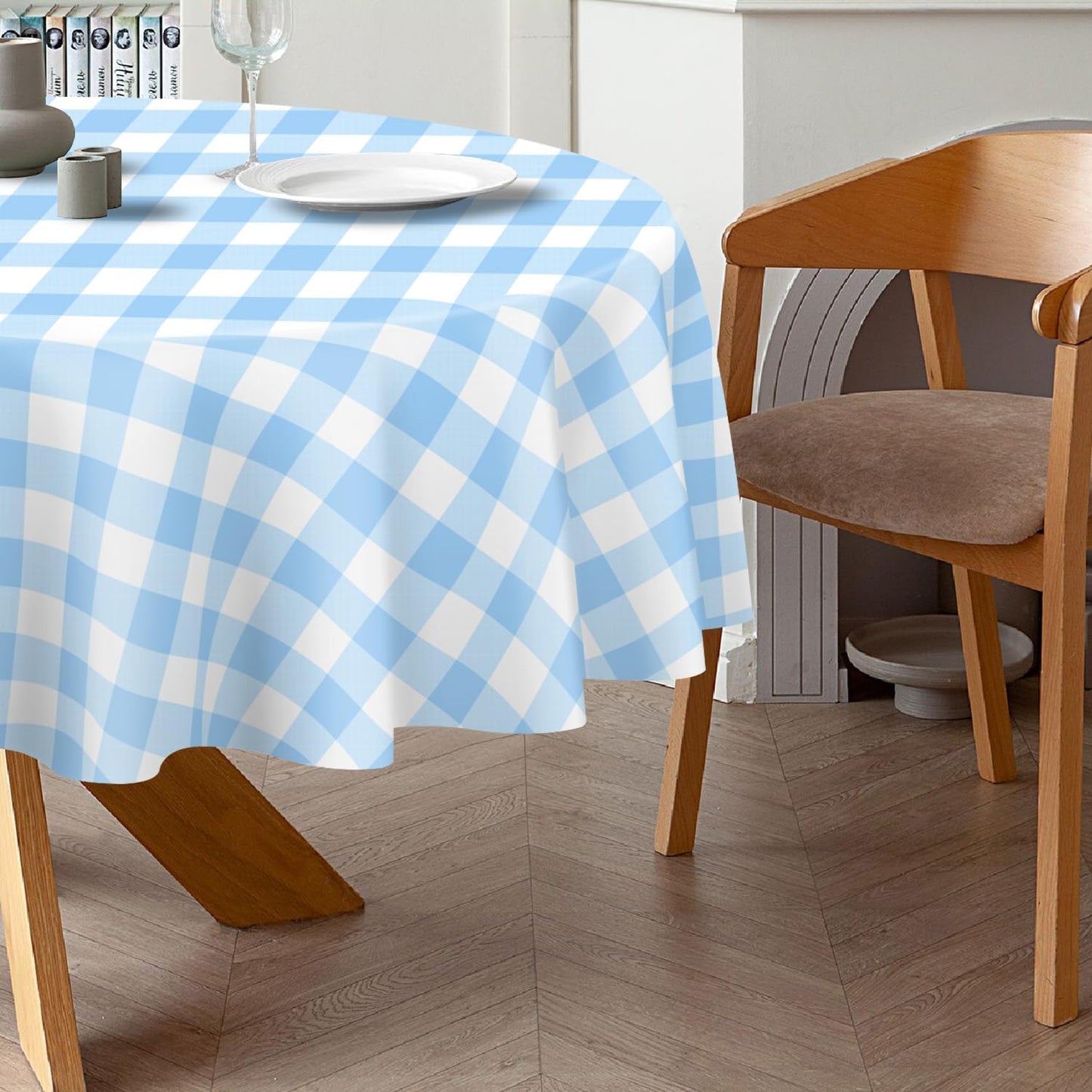 QIKSION Blue Gingham Round Tablecloth 3 Pack, 84 Inch Plastic Checkered Table Cover Disposable for Parties