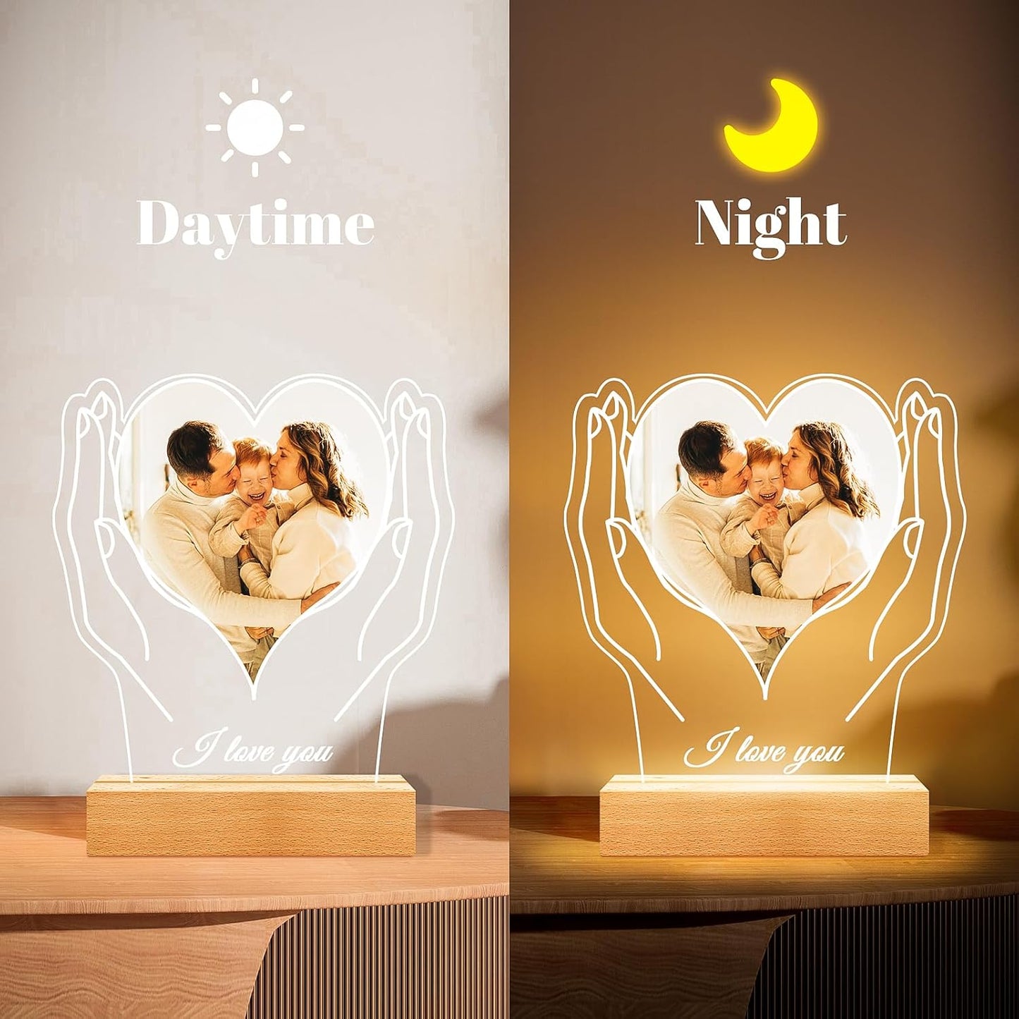 Custom Picture Frame with Photos, Customized Acrylic Plaque Photo Frames with Night Light, Personalized Birthday Gifts for Women Men Mom Dad Baby Kids Grandma Grandpa Family