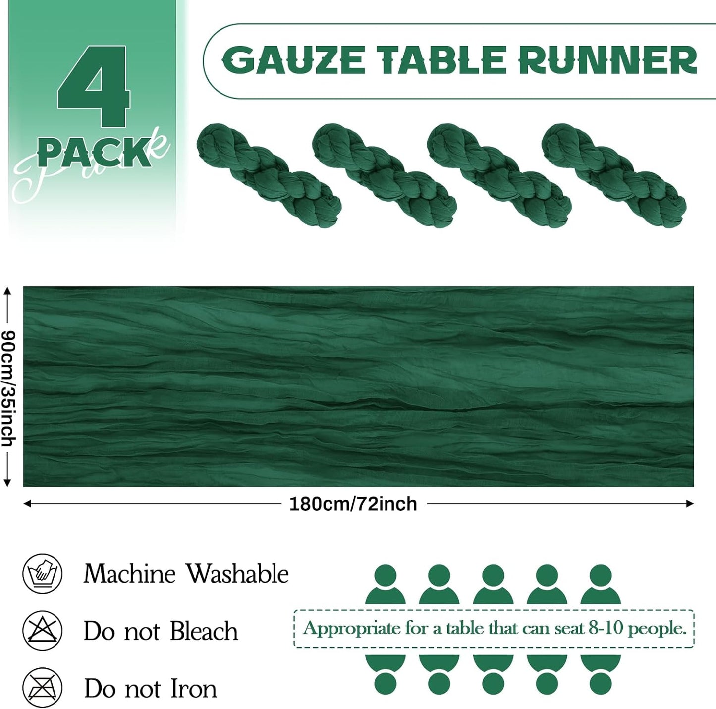 Aktor 4 Pack Emerald Green Table Runner Boho Cheesecloth Table Runner Semi Sheer Gauze Fabric Runners for Wedding Birthday Baby Shower Party Boho Table Decoration（Emerald Green）