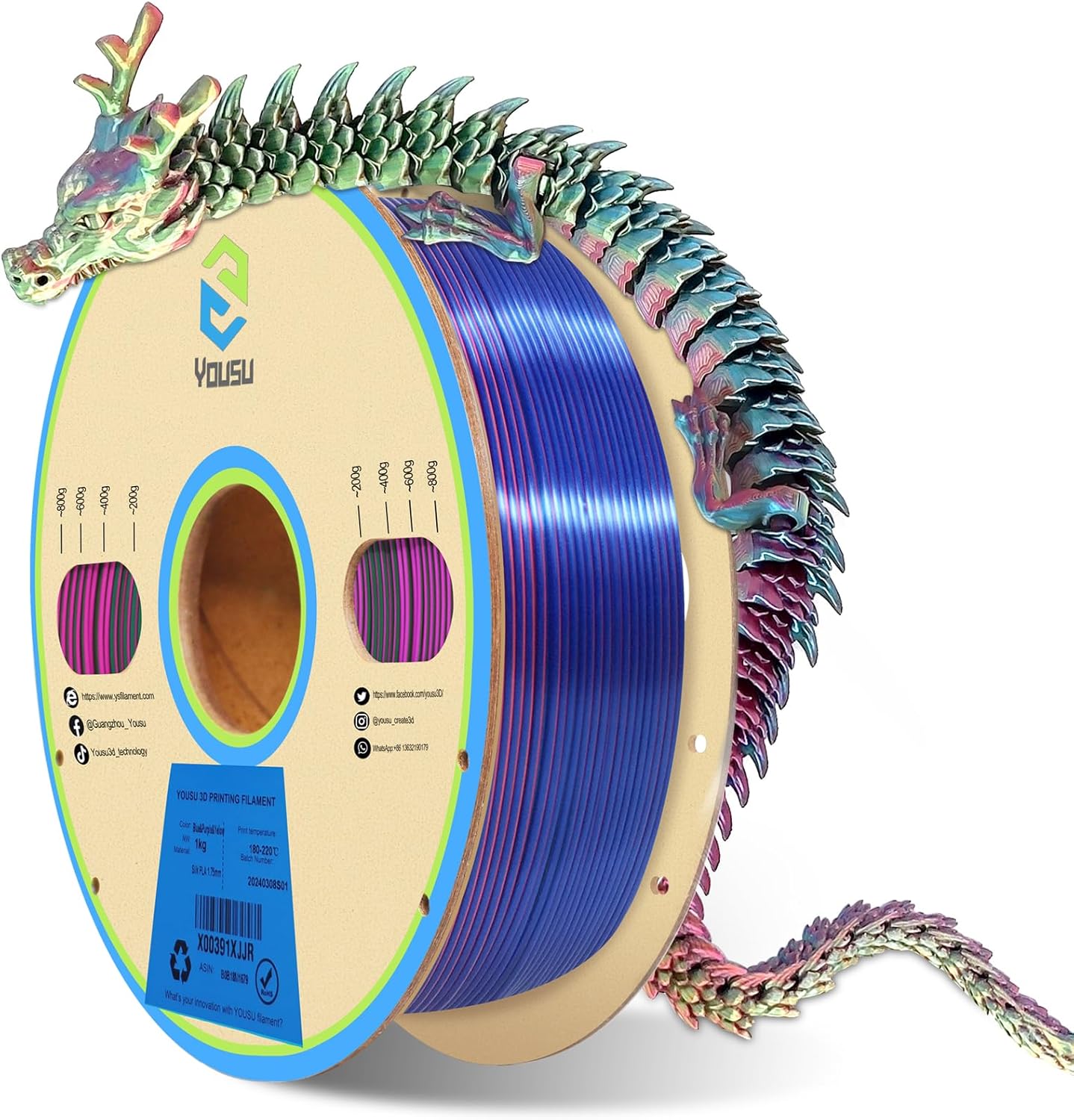 YOUSU 3D Printer Filament Triple Color Silk PLA Filament 1.75mm,3D Printing Filament Like Rainbow Filament,1kg/2.2lbs,Silk Red/Blue/Green.