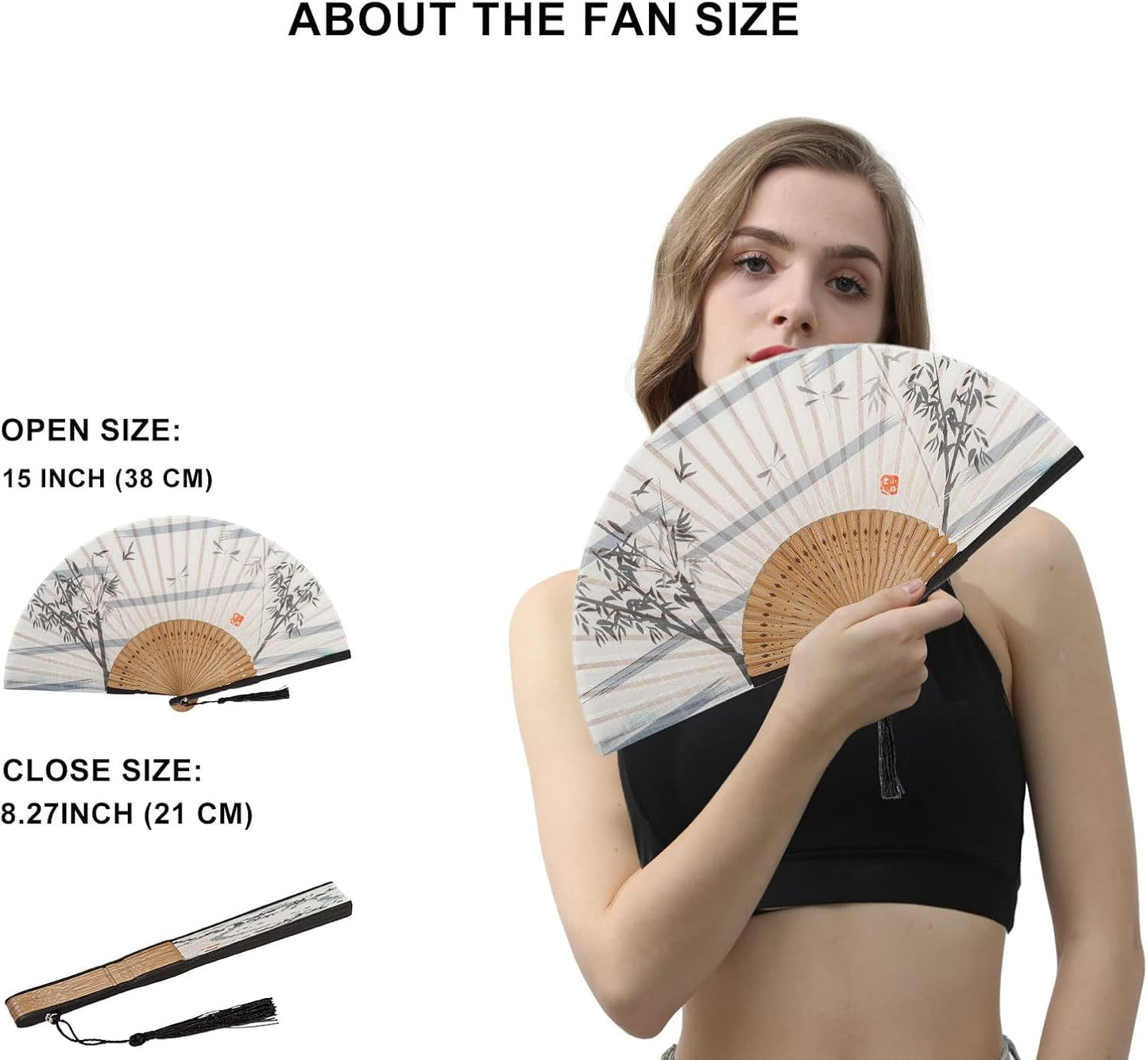 Amajiji 8.27"(21cm) Hand Held Bamboo Silk Folding Fan Hand Fan,Chinese/Japanese Charming Elegant Vintage Retro Style,Women Ladys Girls Best Gifts (White Bamboo Forest)