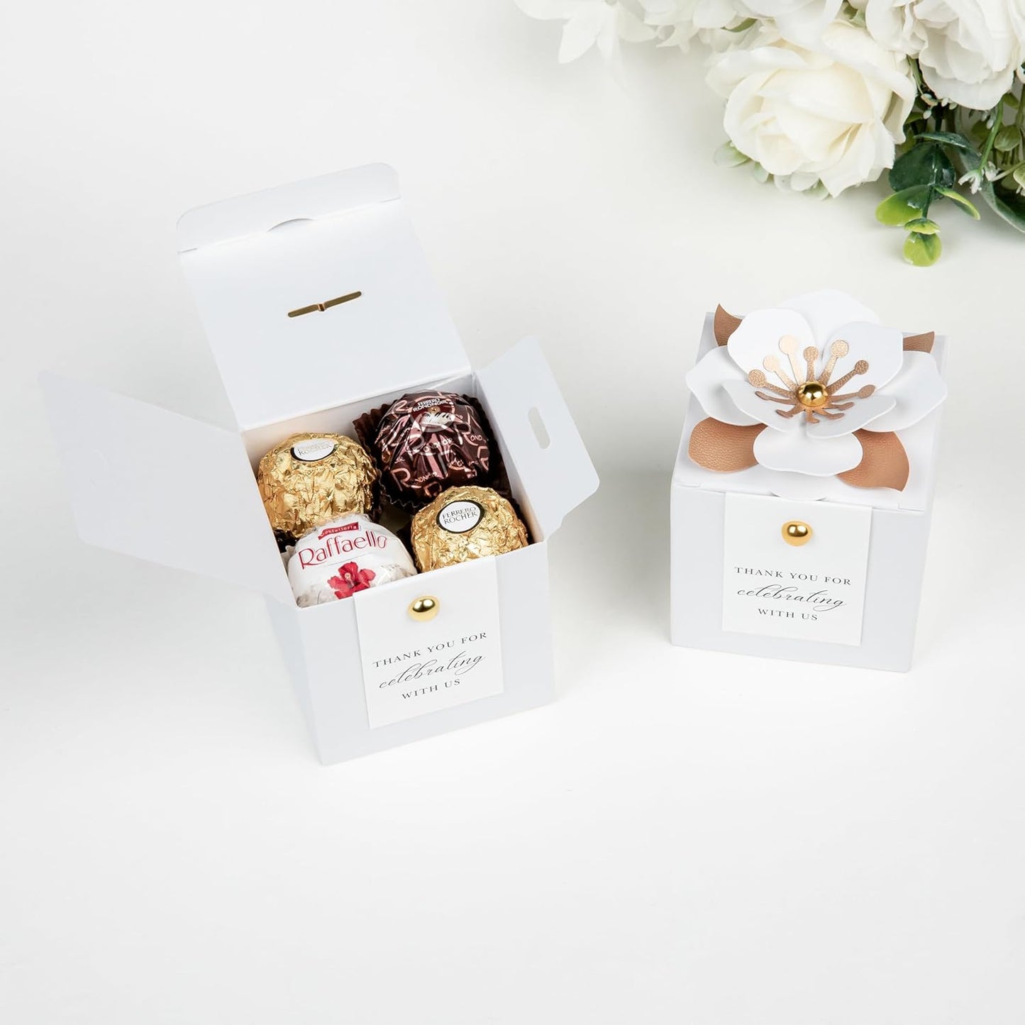 FEIYI 20 PCS Candy Boxes, 3 In 1 White Favor Boxes With Floral Decor, White Thank You Tags Gift Wrapping For Wedding Birthday Baby Shower Decorations Party -2.55x2.55x2.55''
