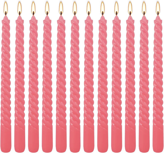 12-Pack Pink Spiral Taper Candles – 10 Inch Elegant Dripless & 10-Hour Burn – Long-Lasting Decorative Candles for Weddings, Birthdays, Parties, Church, Home Decor & Romantic Dinners