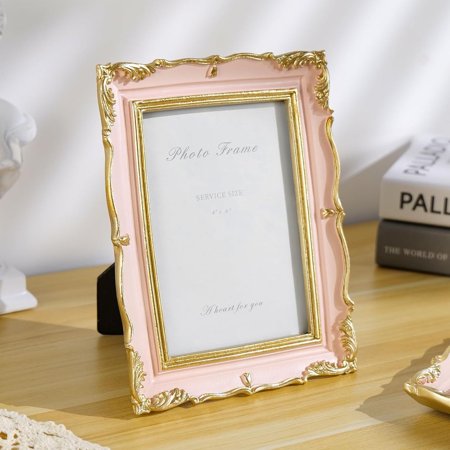 Cuspin 4x6 Vintage Picture Frame Pink and Gold Photo Frame, 4 by 6 Picture Frames Ornate Textured Hand-Crafted Resin with Glass Front for Tabletop Display, Retro Design Home Decor