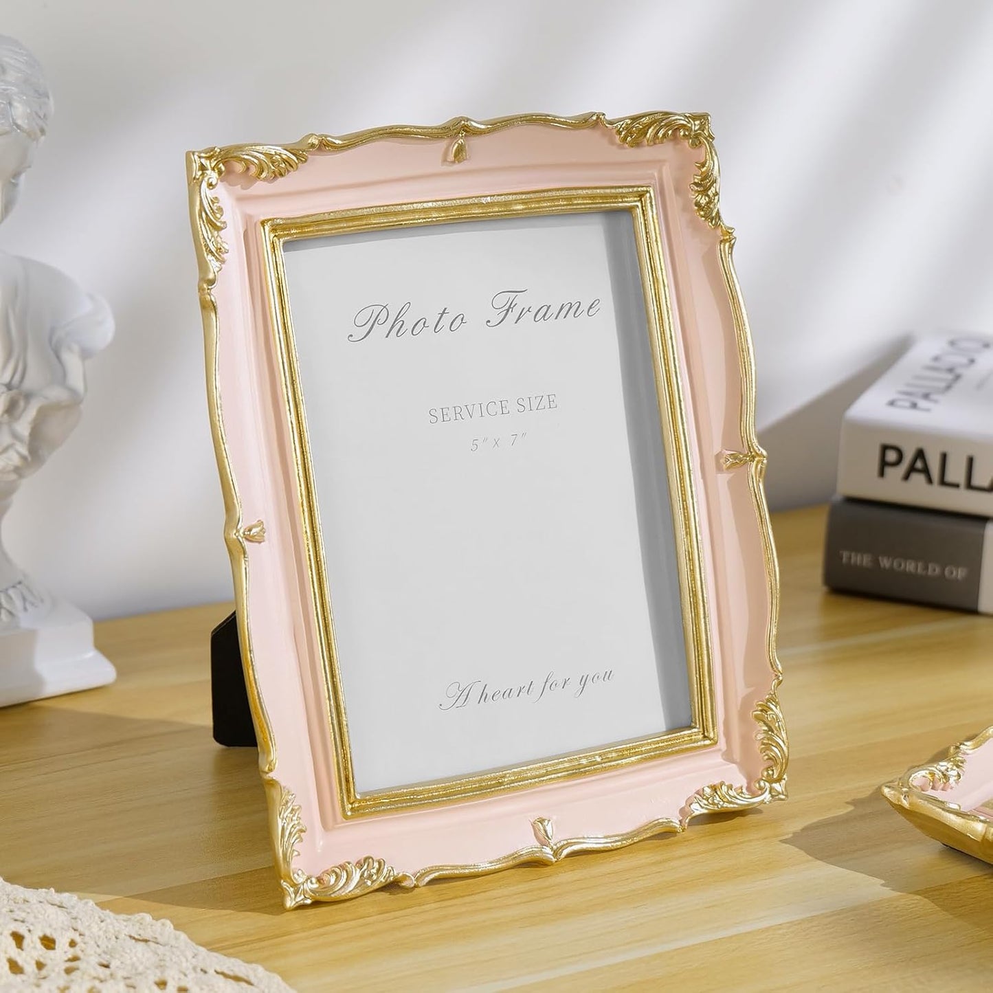 Cuspin Vintage Pink 5x7 Picture Frame, Pink and Gold 5 by 7 Antique Photo Frames, Ornate Textured Hand-Crafted Resin Frame with Glass Front for Tabletop Display, Retro Design Home Decor