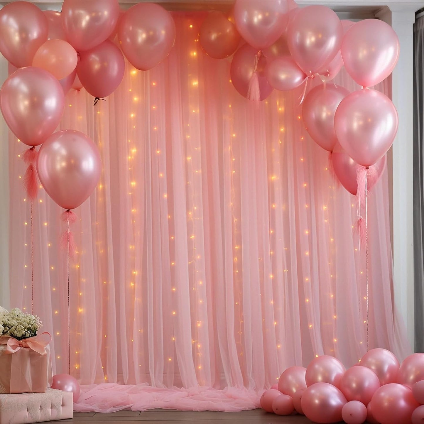 20×10ft Dusty Rose Tulle Backdrop Curtain with Lights String for Parties, Sheer Curtain Backdrop Drapes for Wedding Party Home Decorations
