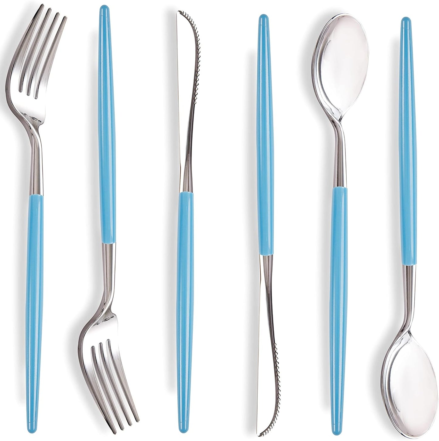 WELLIFE 144Pcs Blue Plastic Silverware, Heavy Duty Plastic Flatware with Blue Handle, Includes 48 Forks,48 Knives,48 Spoons for Party
