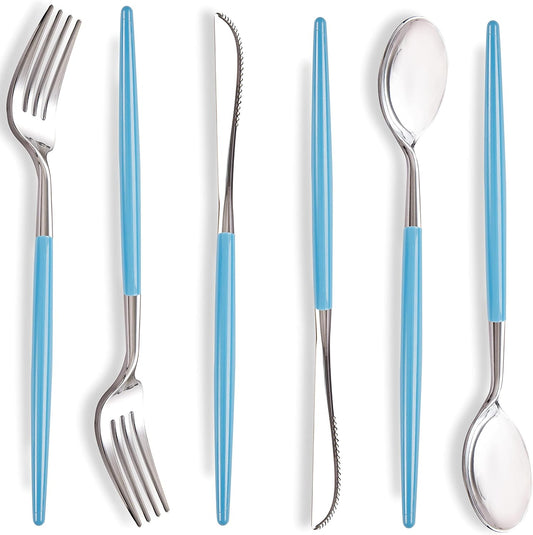 WELLIFE 144Pcs Blue Plastic Silverware, Heavy Duty Plastic Flatware with Blue Handle, Includes 48 Forks,48 Knives,48 Spoons for Party