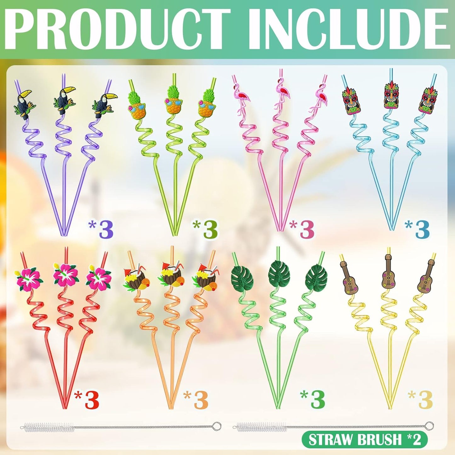 Hawaiian Luau Party Favor Drinking Straws (24 Pcs) Summer Beach Pool Birthday Party Supplies Reusable Plastic Drink Straw for Tropical Luau Party (2 Pcs Cleaning Brushes inside)…