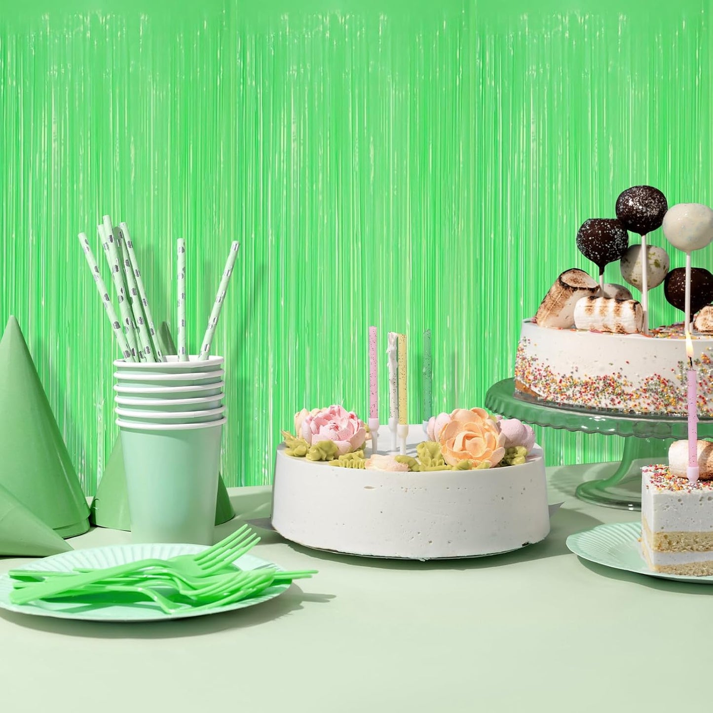 5 Pack Green Foil Curtain Backdrop 3.2ft x 8.2ft Tinsel Foil Fringe Curtains Macaron Photo Booth Streamer Backdrop for Party Decorations Birthday Baby Shower Bachelorette Holiday Decor (Pastel Green)