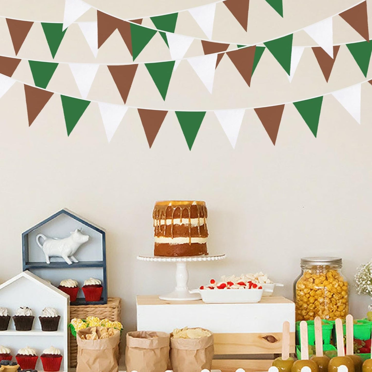 32Ft Green Brown White Party Decorations Brown Green Pennant Banner Fabric Triangle Flag Bunting Garland Streamers for Football Camping Birthday Baby Shower Jungle Safari Rugby Sport Party Decor