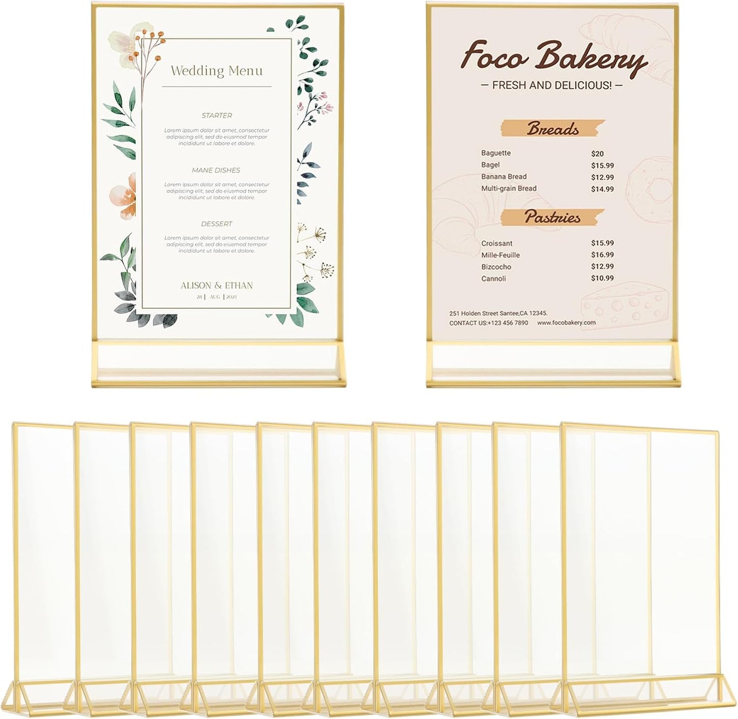 12 Pack Gold Acrylic Sign Holder 5 x 7 inch, Double Sided Gold Picture Frame Stand up Table Top Sign Holders, Wedding Table Number Frames Vertical for Party, Home, Office(5 x 7inch)