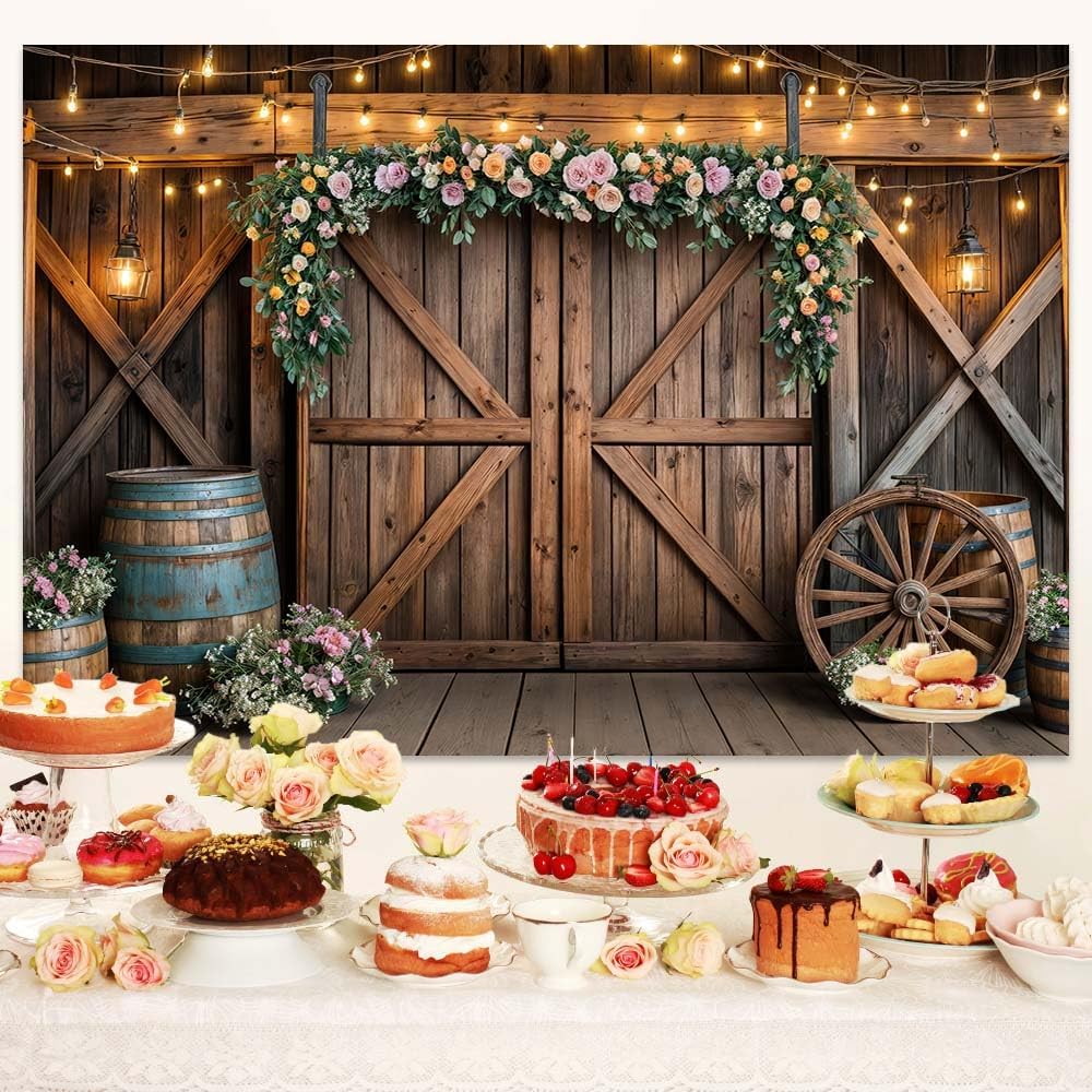 10x10ft Country Wedding Photography Backdrop Rustic Barn Door Photography Backdrop Farmhouse Pink Flower Cabin Wooden Birthday Baby Shower Wedding Bridal Party Banner Photo Booth Props Background