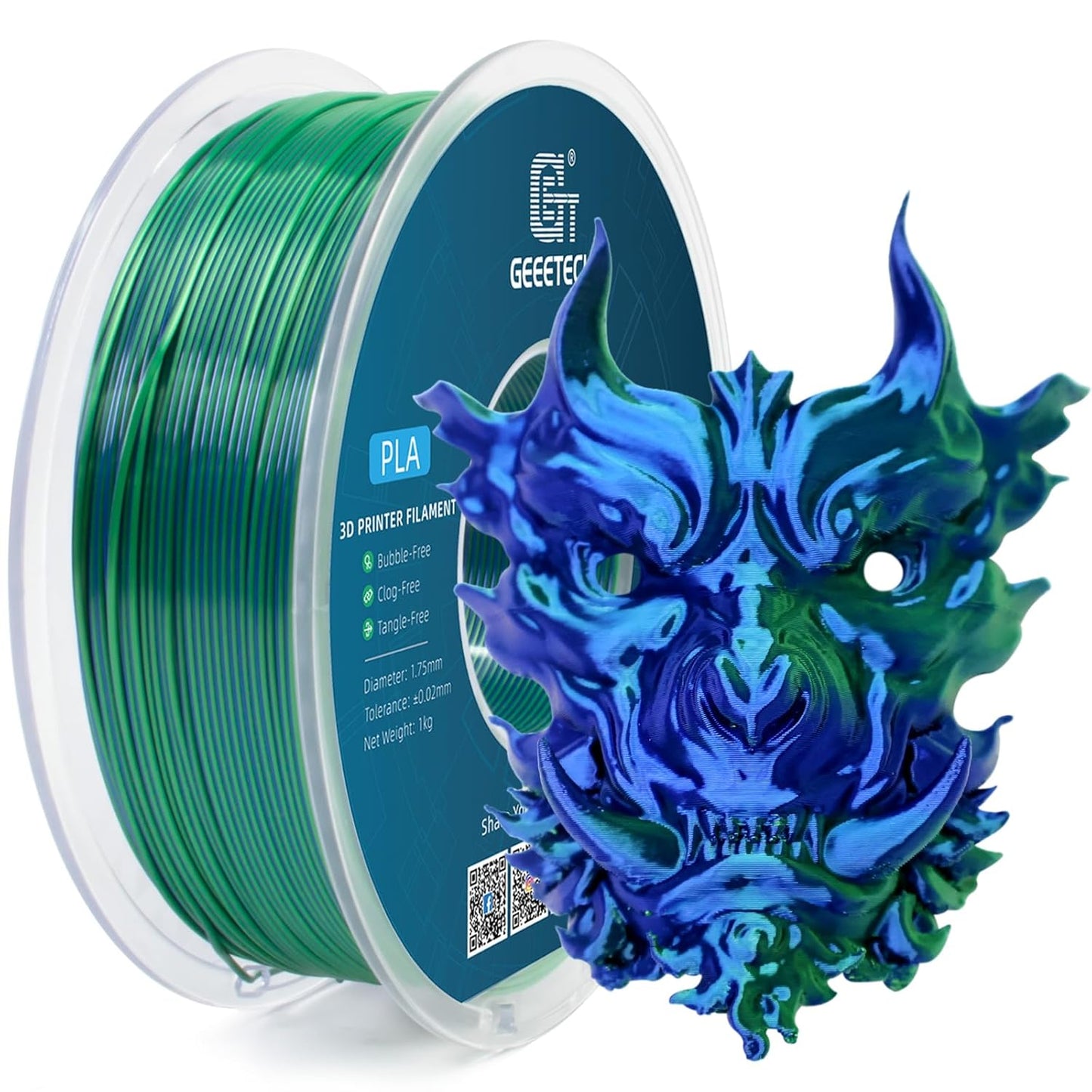 Geeetech 3D Printer Silk PLA Dual Color Filament, Metal-Like Shiny Silk Filament 1.75mm 1kg (2.2lbs) Spool, Dimensional Accuracy +/- 0.02 mm, Silk Blue Green