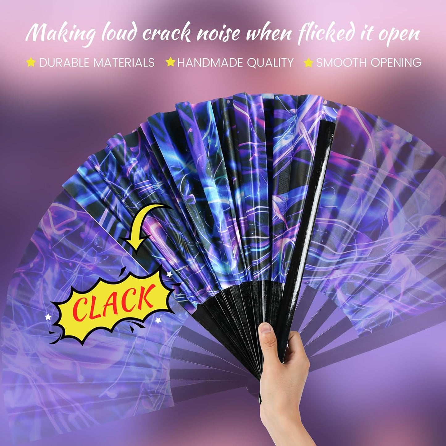 SYNTECSO Folding Hand Fan for Rave, Popping Fan for Line Dancing, Drag Queen, Women and Men Gift，Chinese Japanese UV Glow Clack Fan for Parties, Music Festivals, EDM and Decoration