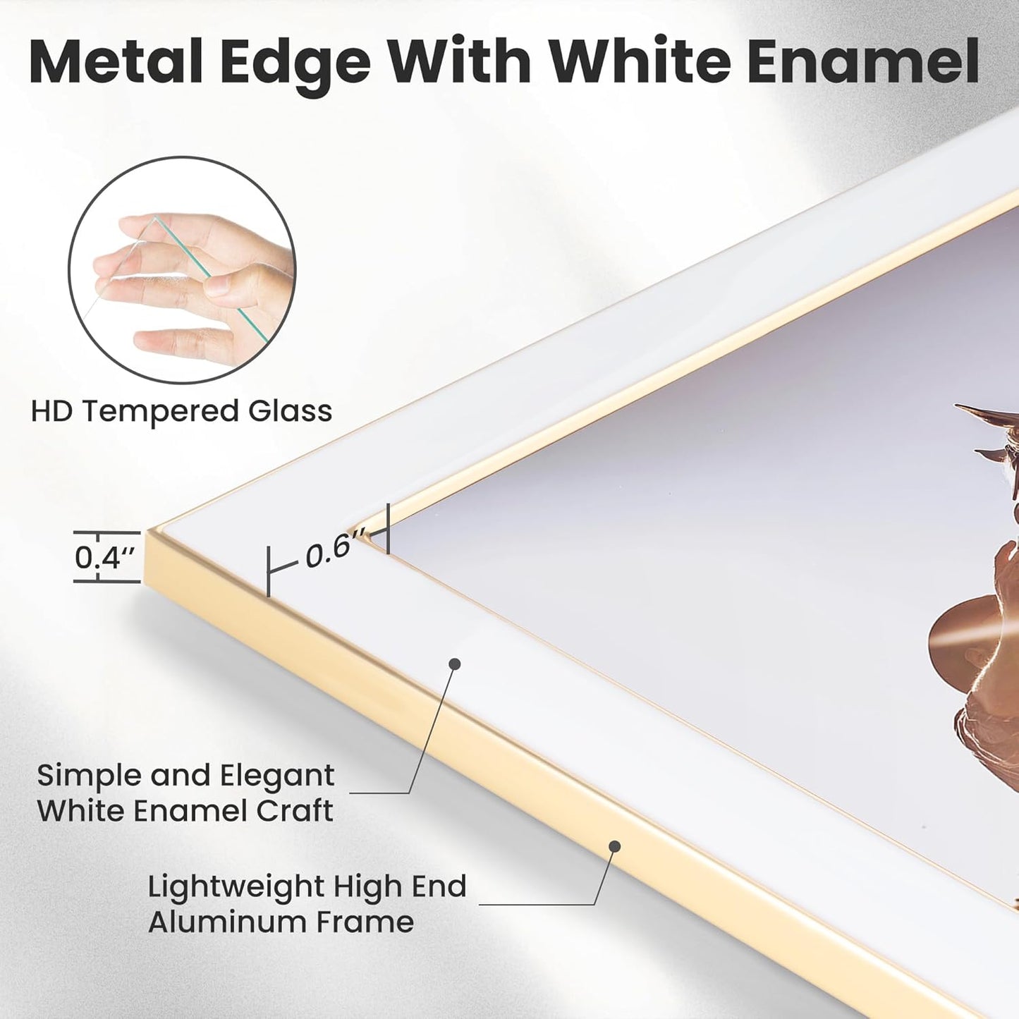Fun Memories 4x6 Picture Frame - 1pcs White Enamel Glass Photo Frame with Gold Metal Edge & Easel for Display Picture Frame on Countertops, Tabletops, Bookshelves, Desks, Walls (White/Gold)