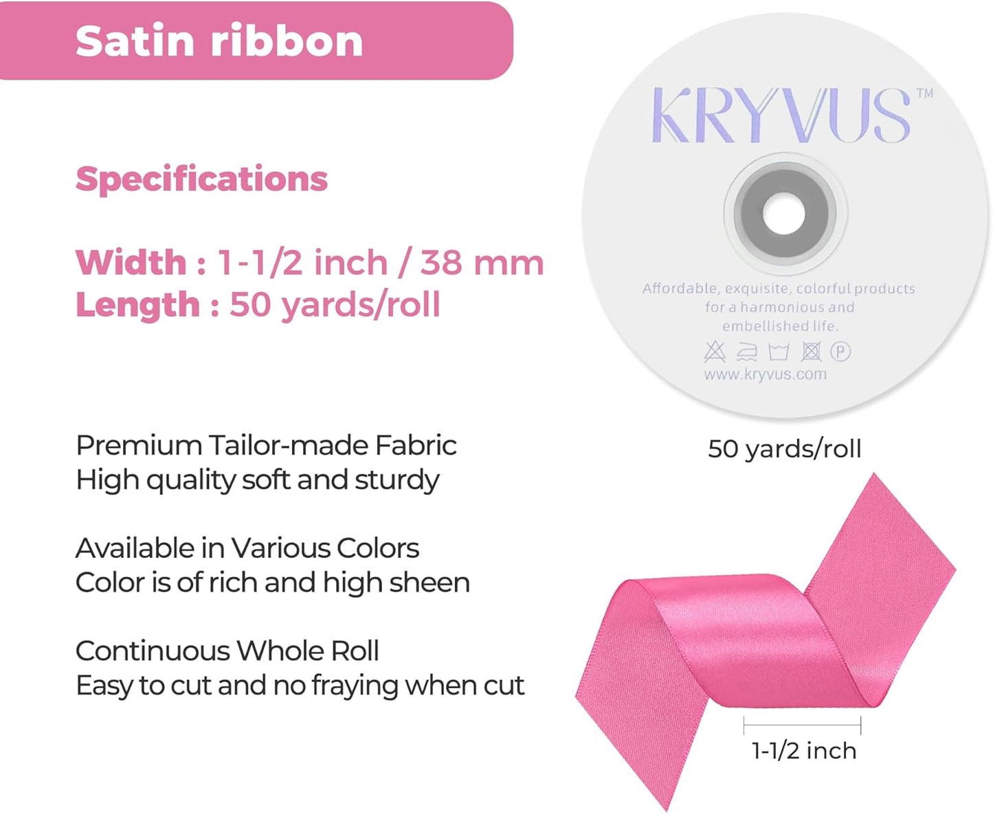 Hot Pink Satin Ribbon 1-1/2 inch X Continuous 50 Yards, Single Face Polyester Ribbon Perfect for Gift Wrapping, Flower Bouquet, Wedding Decor, Crafts, Bow Making, Sewing and More