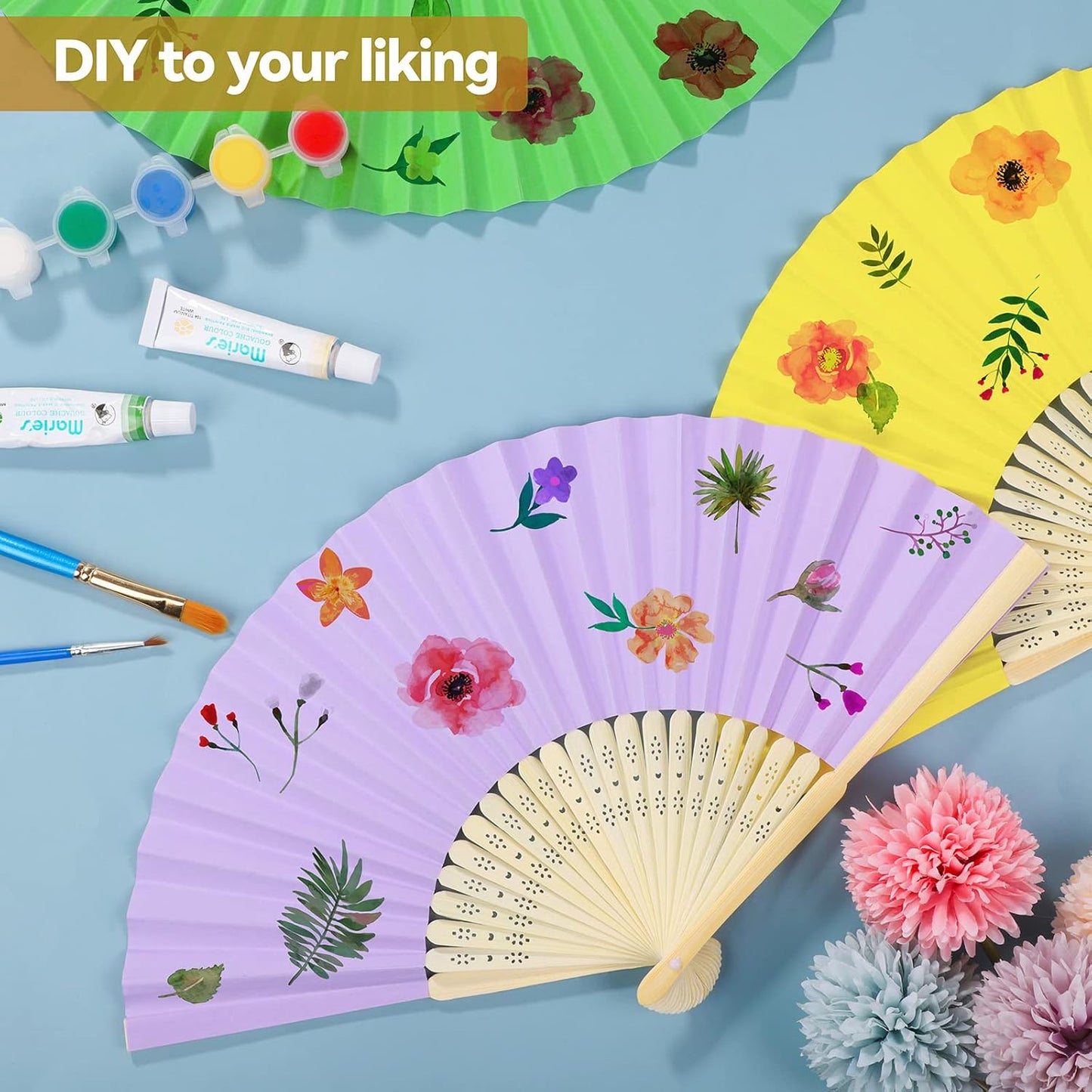 Aneco 24 Pieces Handheld Paper Fans Paper Folding Fans with Bamboos for Wedding Gift, Party, Home, DIY, Multicolor