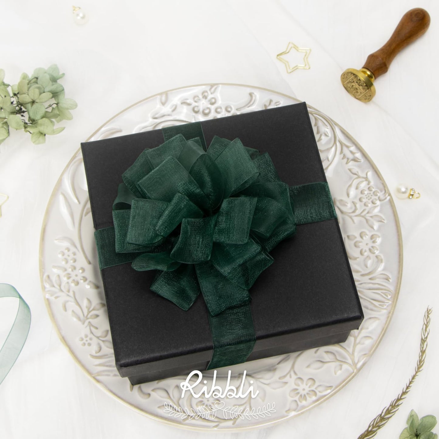 Ribbli Spruce Green Organza Ribbon,1 Inches x Continuous 50 Yard, Green Sheer Ribbon for Gift Wrapping,Cookie Wrapping,Wedding Decoration,All Crafting and Sewing