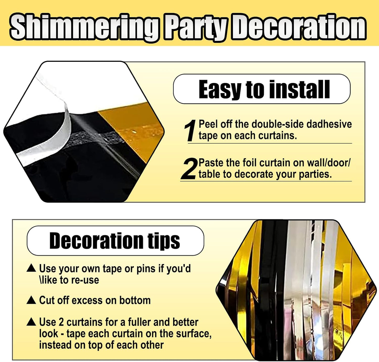 3 Pack Black Gold Silver Foil Fringe Curtain Backdrop, 3.28Ft x 8.2Ft Metallic Tinsel Foil Fringe Streamer Curtains for Photo Booth, Mother's Day, Easter, Birthday, Wedding Party Decorations