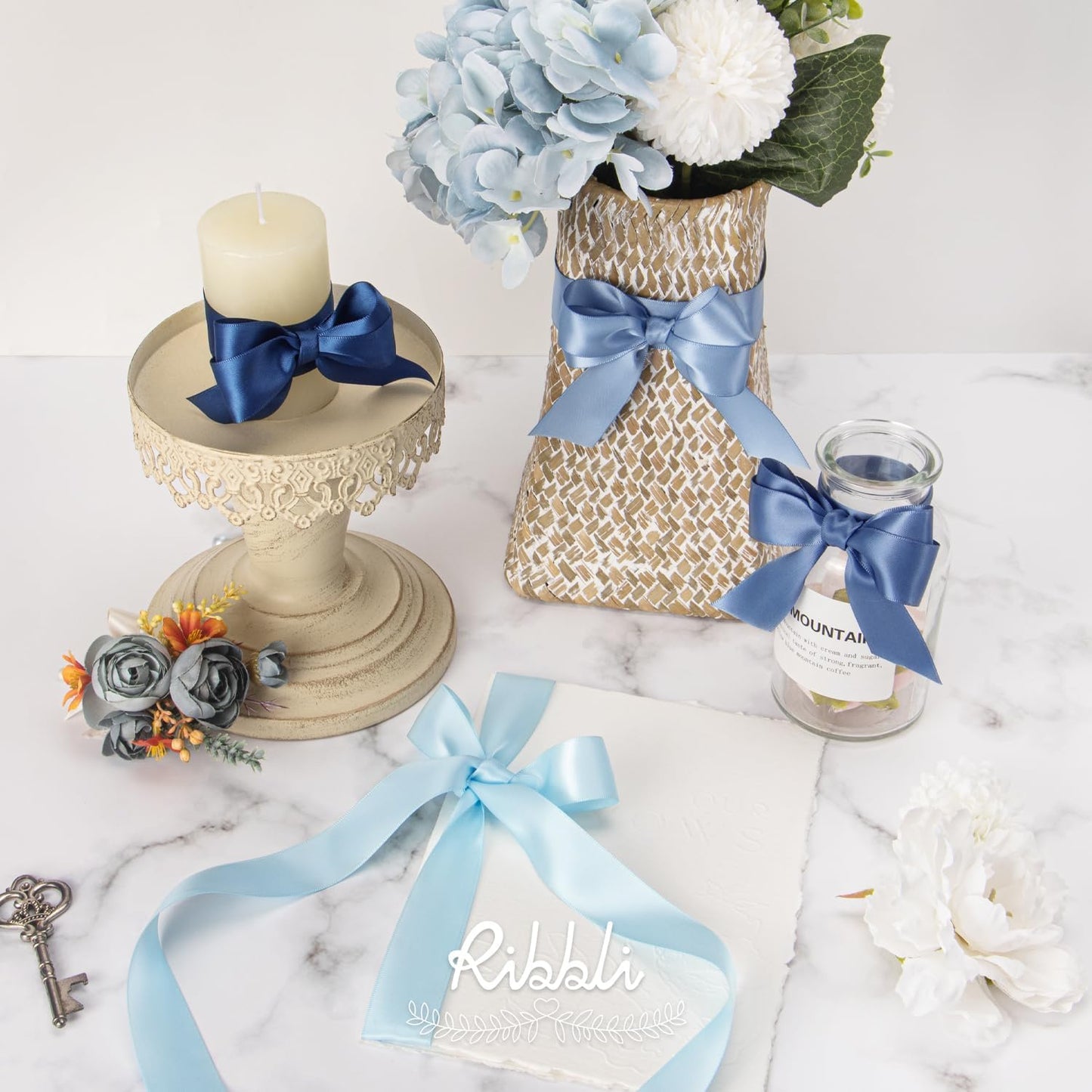 Ribbli Dusty Blue Satin Ribbon 1 Inch x 4 Rolls Total 40 Yards- Light Blue/Dusty Blue/Smoke Blue/Light Navy Ribbon for Gift Wrapping Craft Wedding Decoration