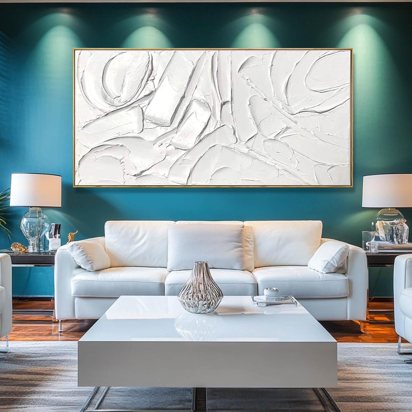 XIANSHOU White Artwork for Walls Contemporary Abstract Art Hand Painted 29"x58" Line Art Wall Decor Large Wall Art for Living Room Bedroom Hotel