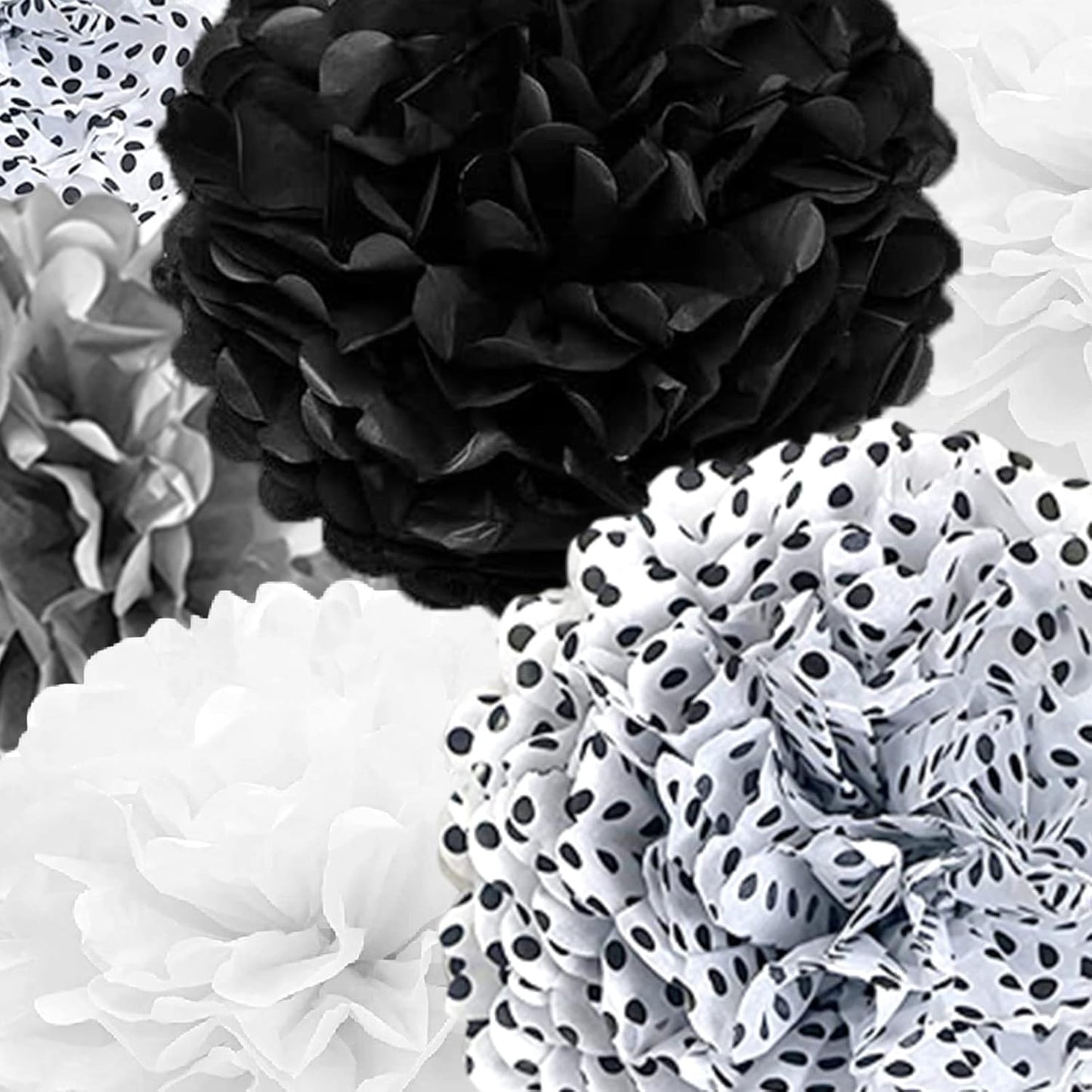 Tissue Paper Pompoms Paper Flower 22 Pcs Black,Silver, Polka Dot, White Paper Flower Ball for Birthday Bachelorette Wedding Baby Shower Bridal Shower Party Decoration (Pack of 2)
