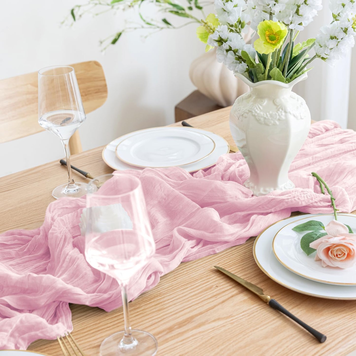 Asee'm 2pcs Cheesecloth Table Runner 120 Inches Blushing Pink Boho Gauze Cheese Cloth Runner 10FT Rustic Sheer Fall Table Runners for Thanksgiving Wedding Baby Shower Holiday Party Decoration