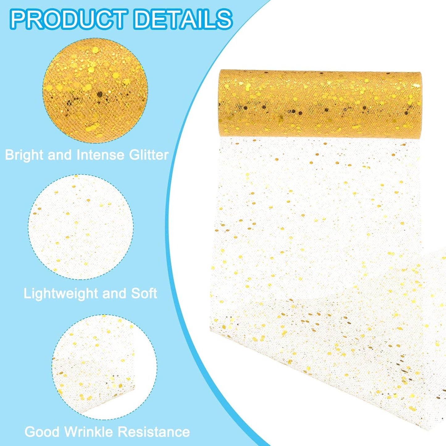 PATIKIL Tulle Fabric Rolls, 6 Inch by 10 Yards Fabric Spool Tulle Sparkling Ribbon Netting Sequin for DIY Tutu Skirts Crafts Wedding Party Decorations, Gold