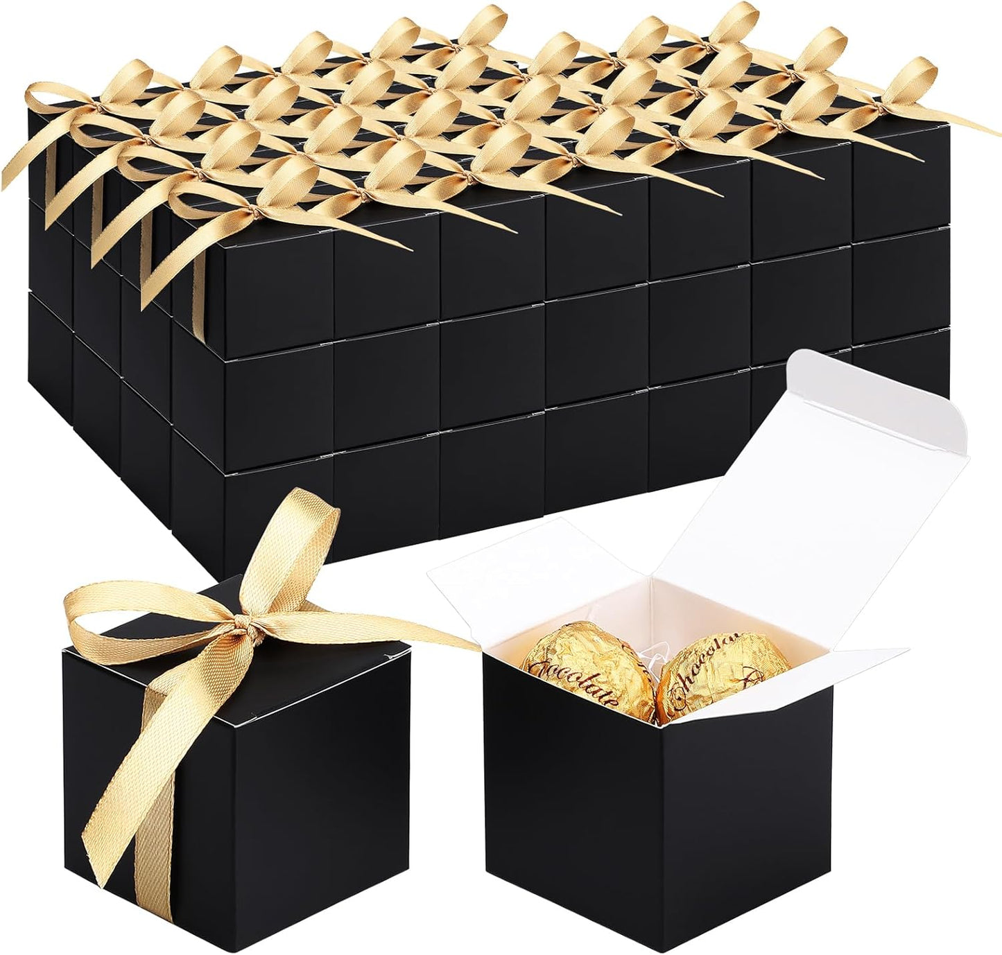 EUSOAR Favor Boxes, 120pcs 2x2x2 Inches Black Small Gift Boxes Macaron Box with Gold Ribbons, Mini Cube Soap Box Candy Storage Chocolate Truffles Container for Wedding Birthday Party DIY Favors