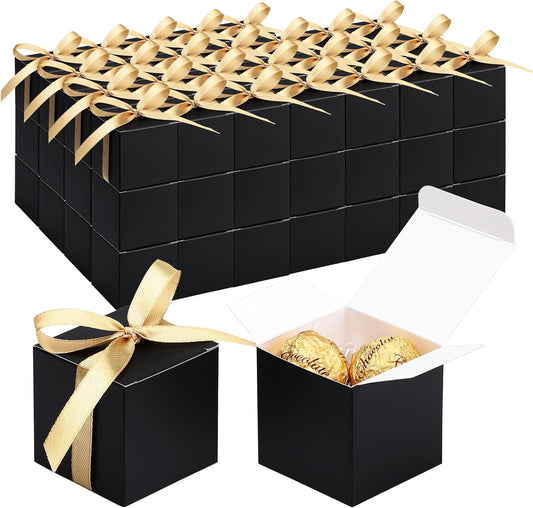 EUSOAR Favor Boxes, 120pcs 2x2x2 Inches Black Small Gift Boxes Macaron Box with Gold Ribbons, Mini Cube Soap Box Candy Storage Chocolate Truffles Container for Wedding Birthday Party DIY Favors