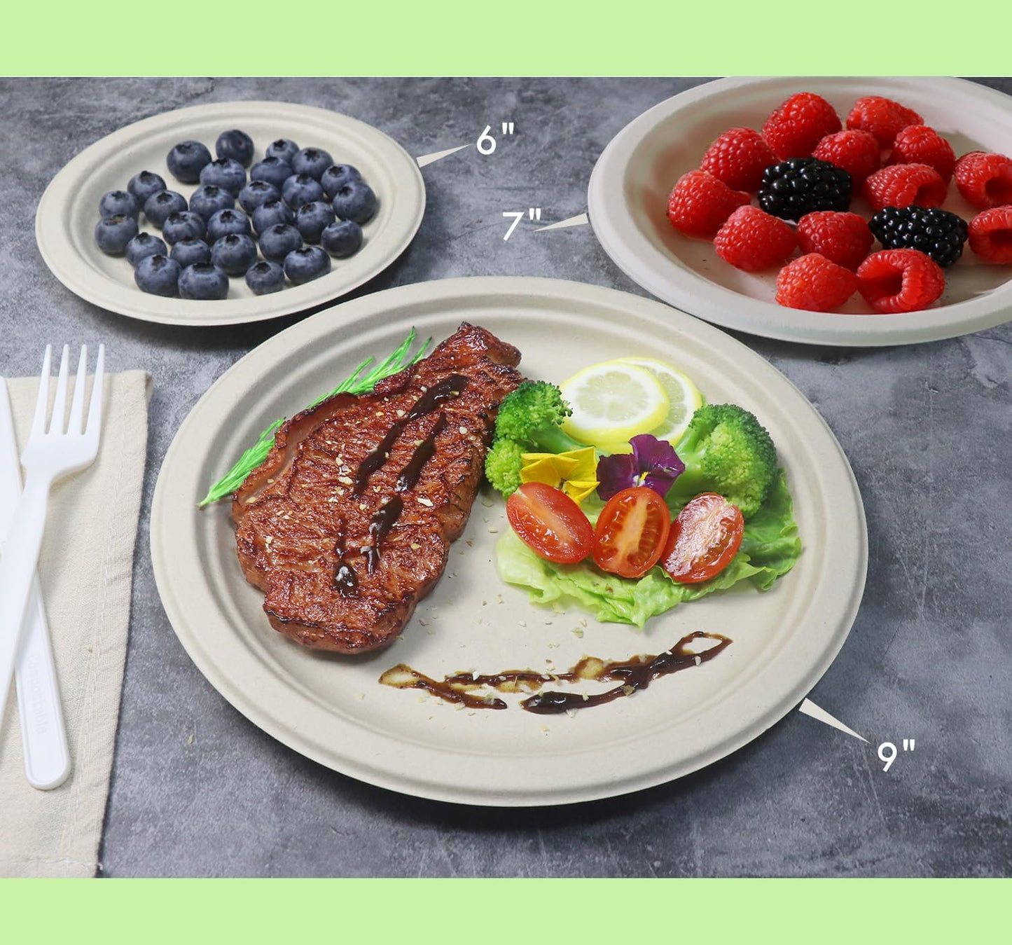 GreenWorks 100 Count 7“ Heavy-duty Compostable Plates, Unbleached Biodegradable Bagasse and Bamboo fiber Paper Plates