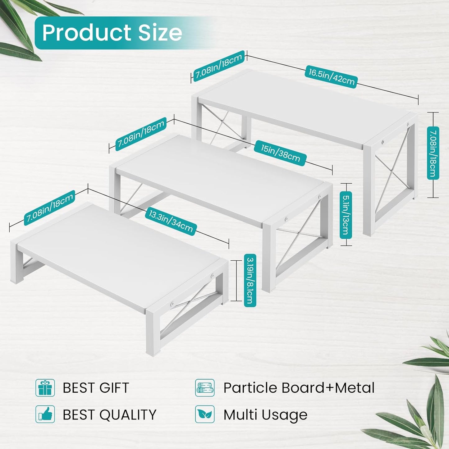ELITEROO White 3-Tier Cupcake Stand & Wooden Display Riser, Dessert Stand for Cupcakes, Food, Perfume, Makeup, Dolls, Collectibles, Multi-Tiered Shelf Organizer for Market Vendors & Retail Display
