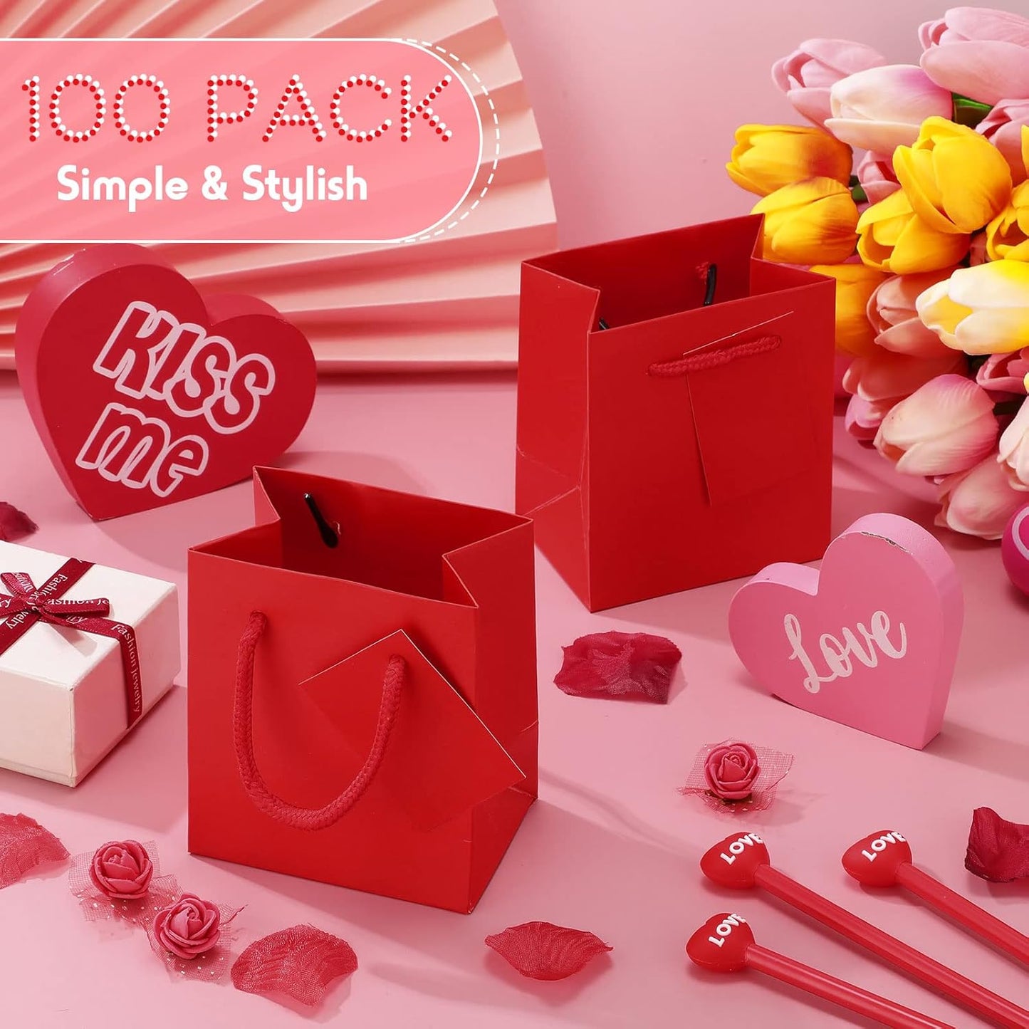 Sherr 100 Pack Mini Gift Bags Bulk, 4 x 2.75 x 4.5 Inches Paper Bags with Tags, Extra Small Paper Gift Boxes with Handles for Birthday, Party Favors, Weddings, Small Business(Red)