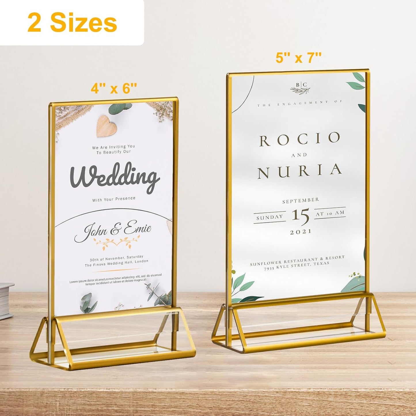 6 Pack Acrylic Sign Holder with Gold Borders, 4x6'' Double-Sided Menu Stands Clear Picture Frames for Restaurant Menu Signs, Wedding Table Numbers, Exhibition & Art Display