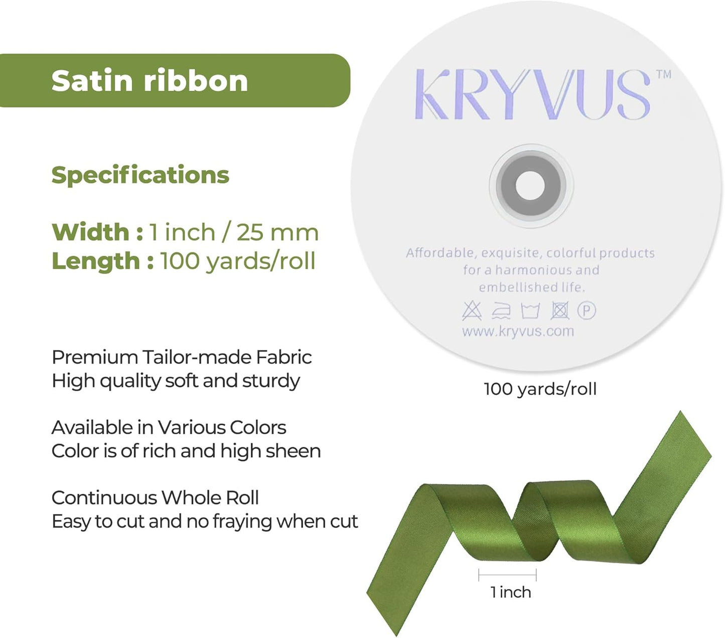 Olive Green Satin Ribbon 1 inch X Continuous 100 Yards, Single Face Polyester Ribbon Perfect for Gift Wrapping, Flower Bouquet, Wedding Decor, Crafts, Bow Making, Sewing and More