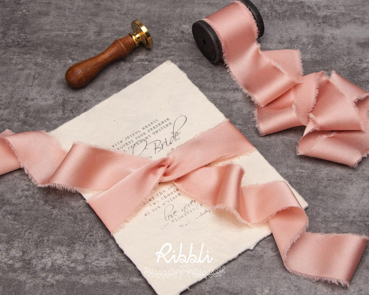 Ribbli Rose Gold Silk Satin Ribbon 1.5 Inch x 12 Yard Handmade Frayed Chiffon Ribbon with Wooden Spool for Gift Wrapping, Wedding Invitations, Bridal Bouquets, Home Decor