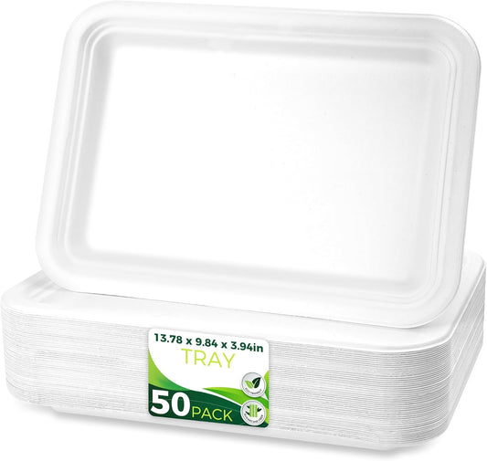 50Pack 14" Heavy Duty Disposable Rectangle Food Trays, Compostable Extra Large Paper Platter Plates Serving Crawfish, Lobster, Crab for Party, BBQ, Crawfish Boil Accessories