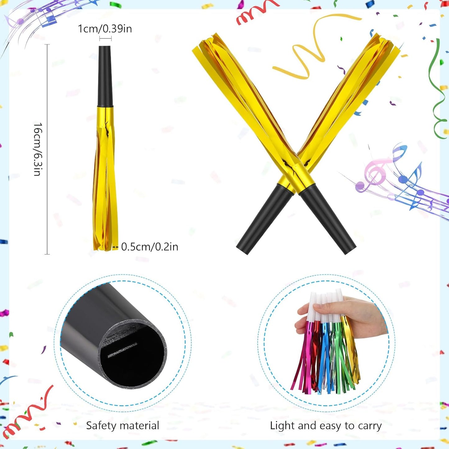 48 Pcs Gold Noise Makers Glitter Metallic Fringed Noise Makers Horns for Baby Shower, Kids Birthday, Wedding Party, New Year Party Favor