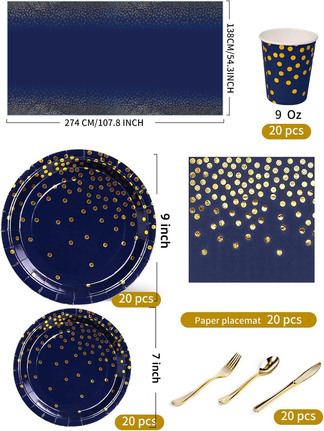 141 Pieces Navy Blue Gold Party Supplies, Party Dinnerware Sets Include Paper Plates Napkins Cups Silverware, for Wedding Bridal Shower Engagement Birthday Parties Decoration -20 Serves