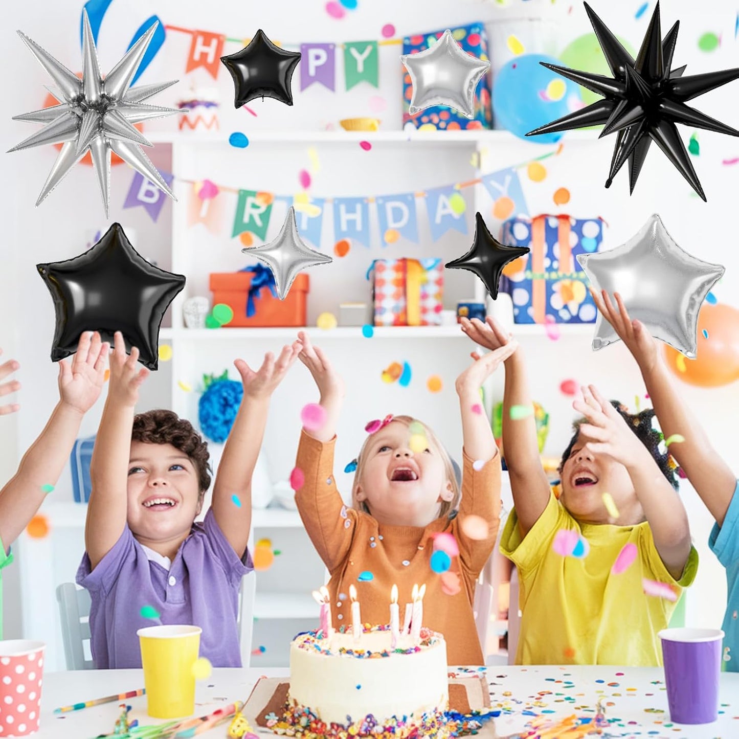 16 Pcs Black Silver Star Balloons,22/18/10 Inch Foil Balloons, Four-Pointed Balloon for Birthday Graduation Anniversary Wedding Baby Shower Party Decorations