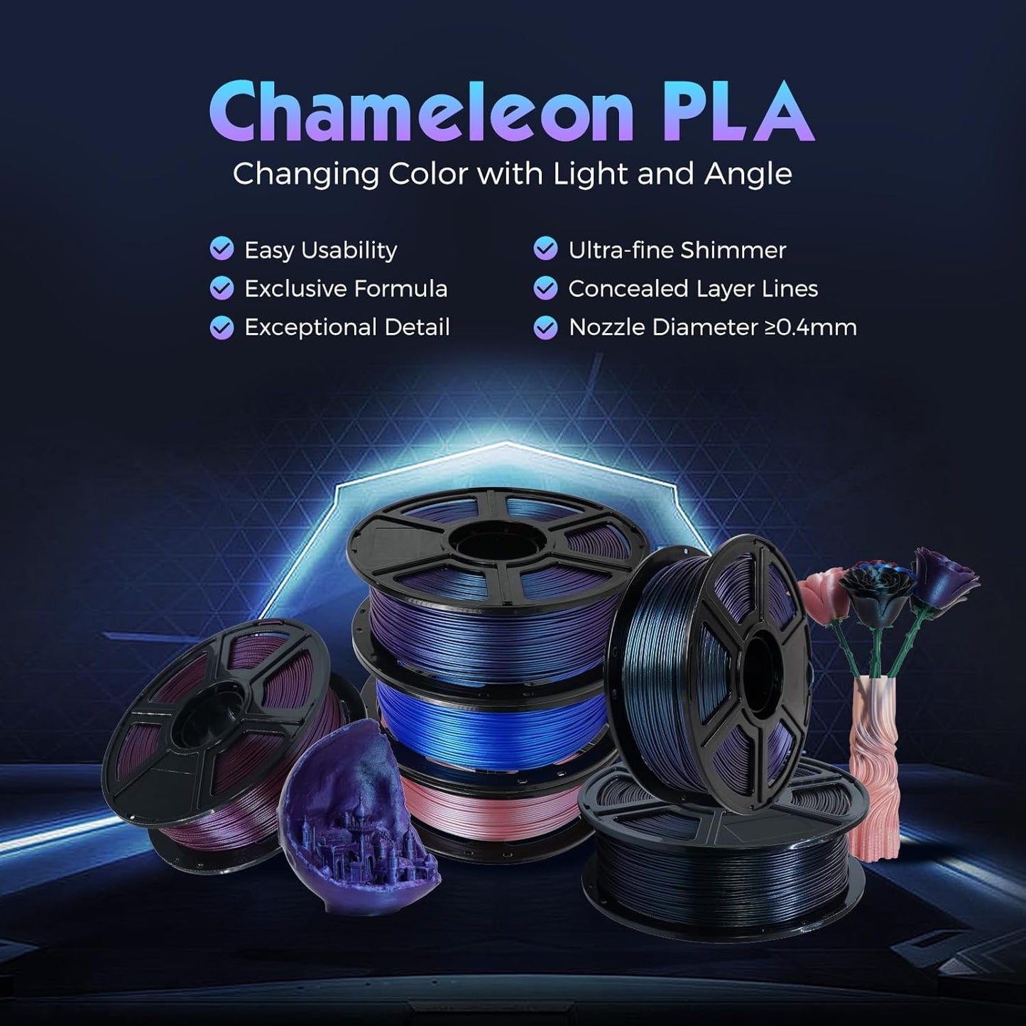 FLASHFORGE PLA Filament 1.75mm +/- 0.02mm Burnt Titanium, Color Changeable 3D Printer Filament 1kg (2.2lbs), Chameleon Changing Colors with Light, Perfectly Hide The Layer Line