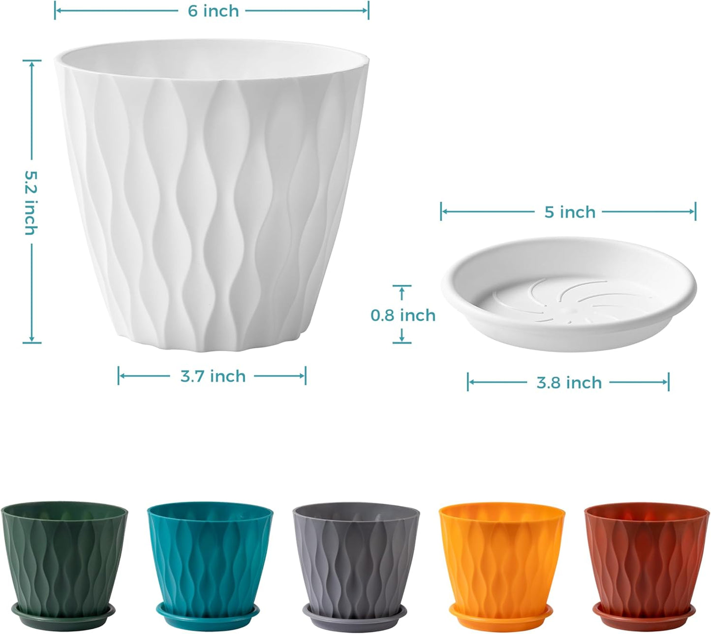 FaithLand 6-Pack 6-Inch Plastic Plant Pots with Saucers | Thickened PP Material, Modern Wave Texture, Enhanced Drainage for Indoor/Outdoor Garden Plants | Multicolor Value Set