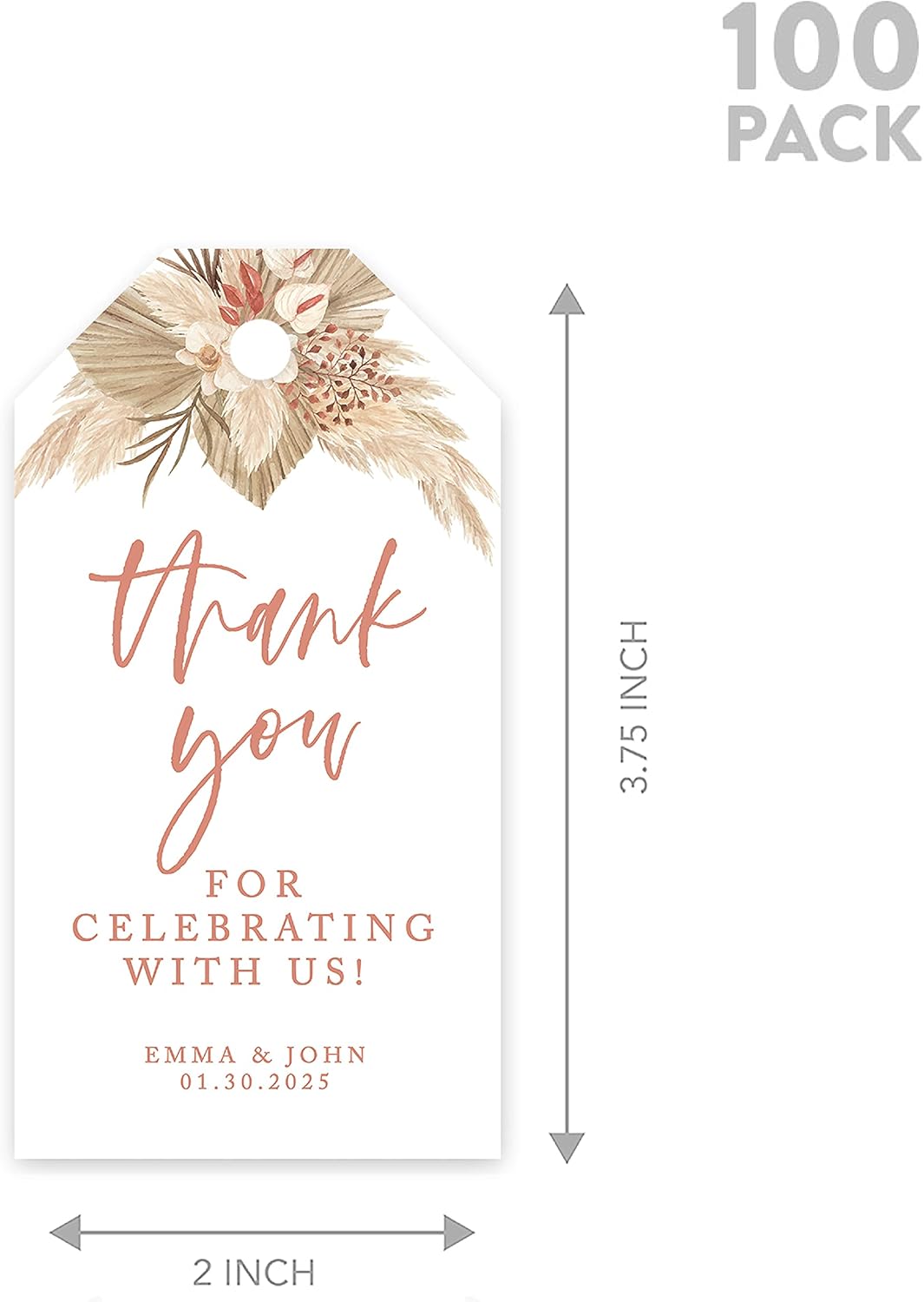 Andaz Press 100 Pack Personalized Thank You Tags with Boho Design, Dried Palms - Boho Custom Wedding Gift Tags for Wedding Party Favors - 2 x 3.75-Inches